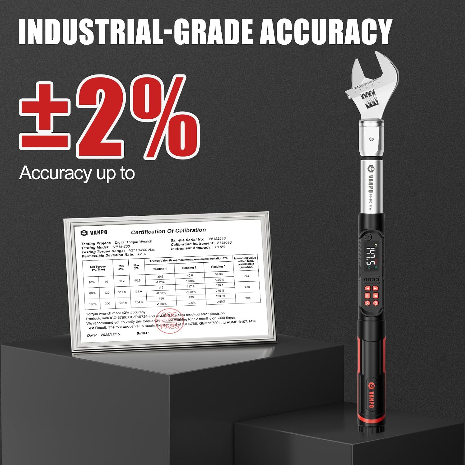 VANPO Adjustable Digital Torque Wrench, 7.4-147.5Ft.lb/10-200Nm, ±2% Accuracy, HVAC Torque Wrench Interchangeable 38mm Jaw & 1/2' Ratchet, Buzzer, Vibration and LED Alert for Split AC, Car