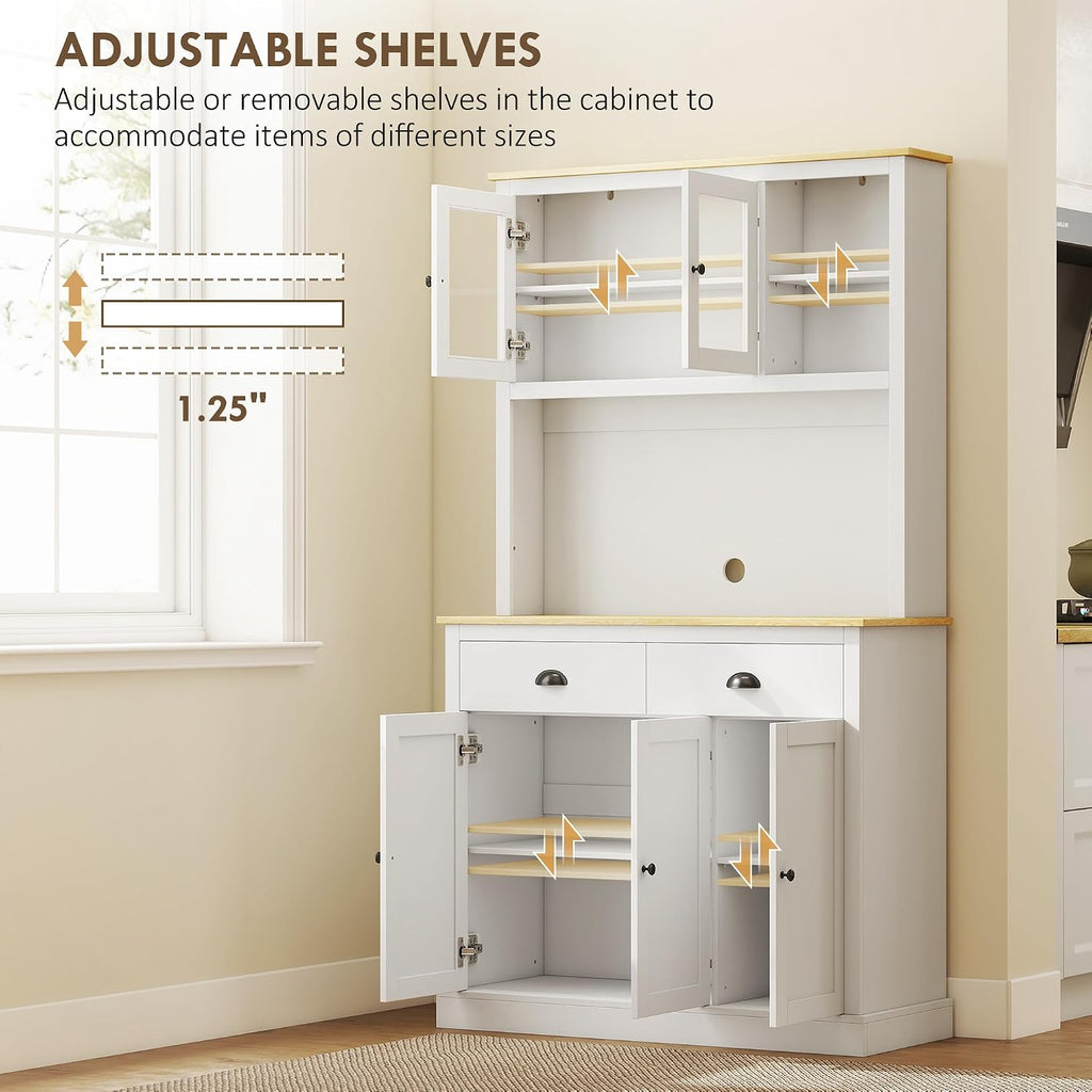 HOMCOM Kitchen Pantry Storage Cabinet with Microwave Stand, 71' Modern Kitchen Hutch with Open Countertop, Glass Doors, Storage Drawers and Adjustable Shelves for Dining Room, Coffee Bar, White