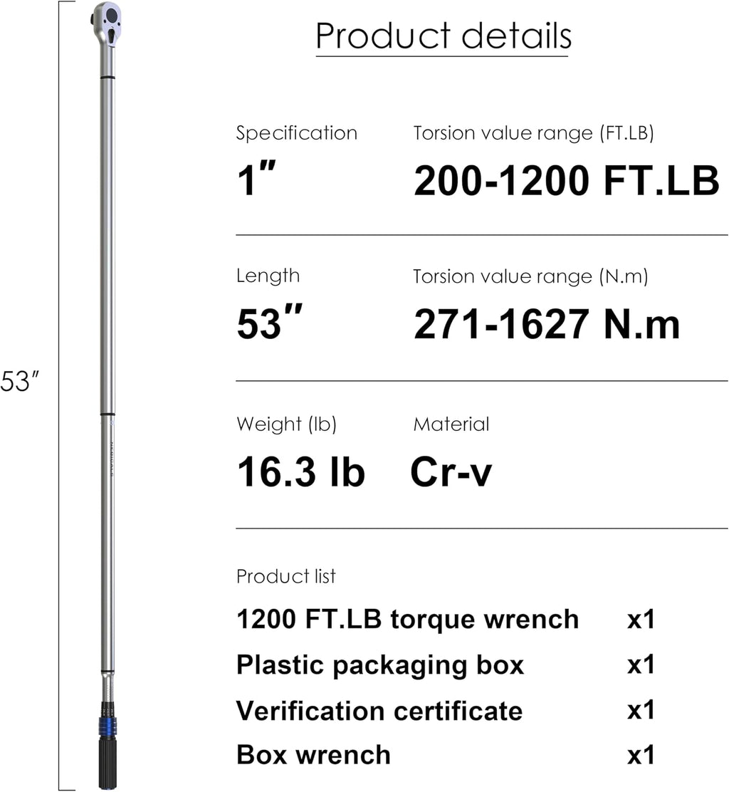 1'' 200-1200 Ft Lb Torque Wrench Heavy Duty, Dual Direction, High hardness, Long lifetime, Stored In a Solid Case