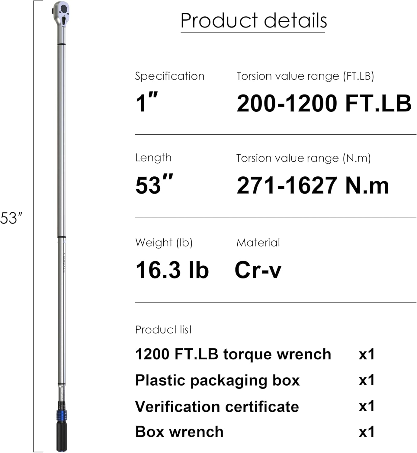 1'' 200-1200 Ft Lb Torque Wrench Heavy Duty, Dual Direction, High hardness, Long lifetime, Stored In a Solid Case
