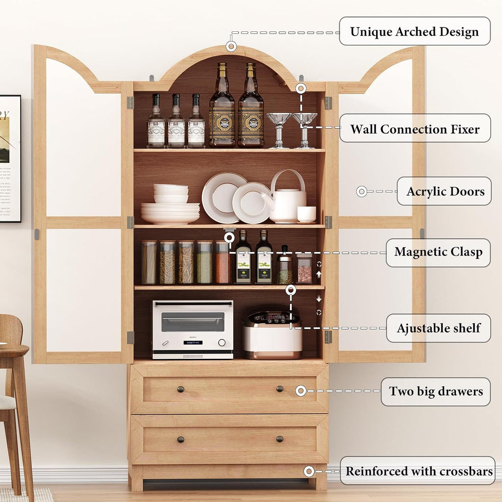 EasyCom 71 Tall Arched Cabinet, Farmhouse Wood Pantry Cabinet with 2 Large Drawers, 4-Tier Kitchen Storage Cabinet with Adjustable Shelf & Magnetic Clasp Doors for Living Room, Dining Room, Natrual