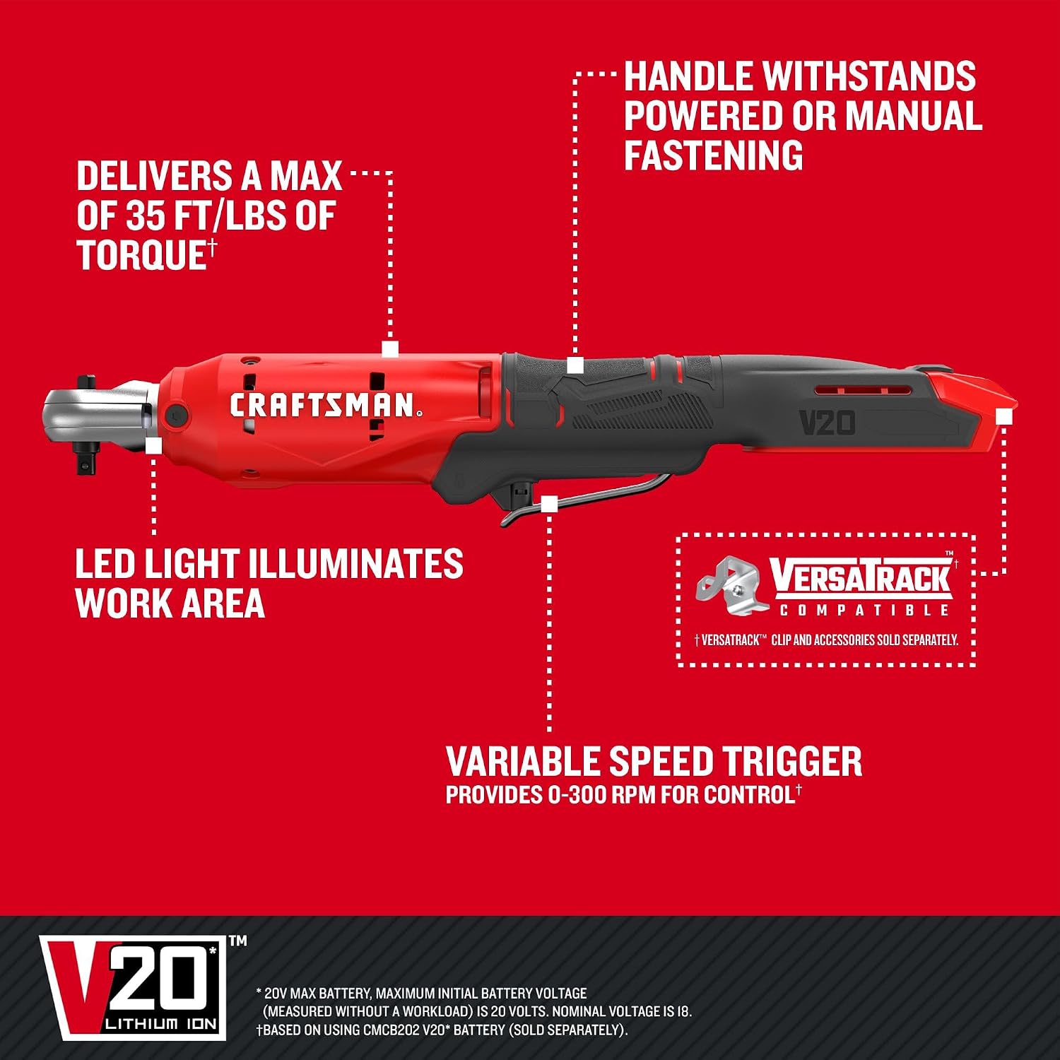 CRAFTSMAN V20 Cordless Ratchet Wrench, 1/4' Drive, 35 Ft-lbs of Torque, Bare Tool Only (CMCF934B)