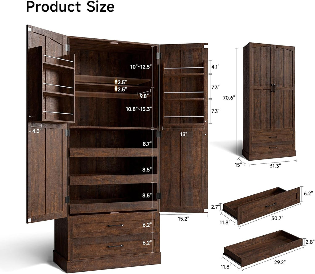 ONBRILL 71' Tall Farmhouse Kitchen Pantry Cabinet with 3 Pull Out Shelves & 2 Large Drawers, Pantry Storage Cabinet with 6 Door Shelf & Adjustable Shelf, Freestanding Cupboard for Kitchen, Dining Room