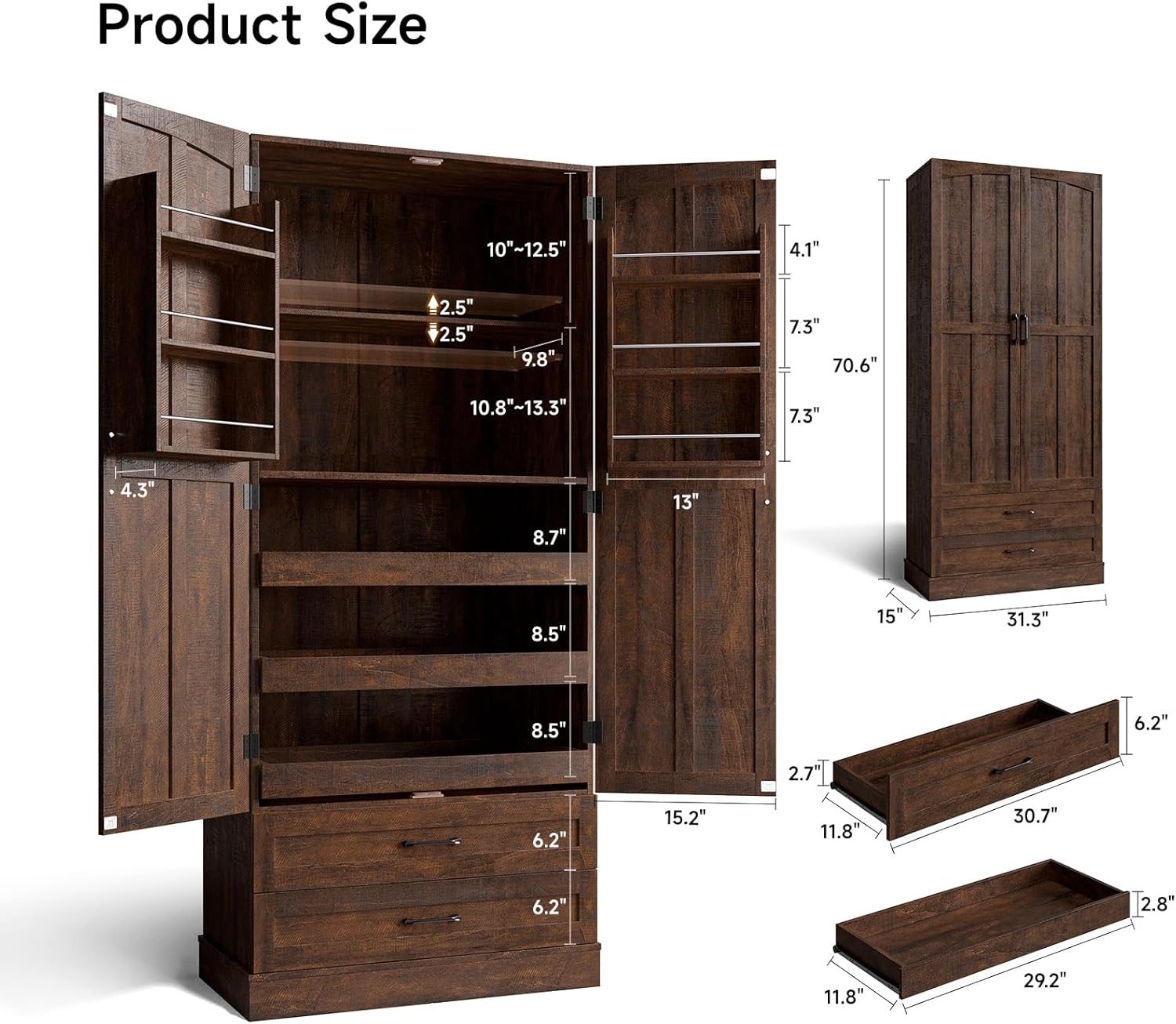 ONBRILL 71' Tall Farmhouse Kitchen Pantry Cabinet with 3 Pull Out Shelves & 2 Large Drawers, Pantry Storage Cabinet with 6 Door Shelf & Adjustable Shelf, Freestanding Cupboard for Kitchen, Dining Room
