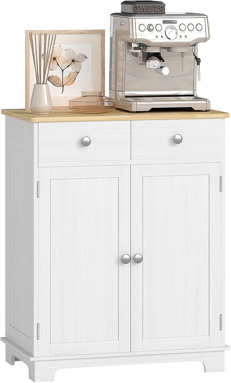 HOMCOM Sideboard Buffet Cabinet with Solid Wood Countertop, Modern Kitchen Storage Cabinet, Coffee Bar Cabinet with 2 Drawers, Doors and Adjustable Shelf, Distressed White