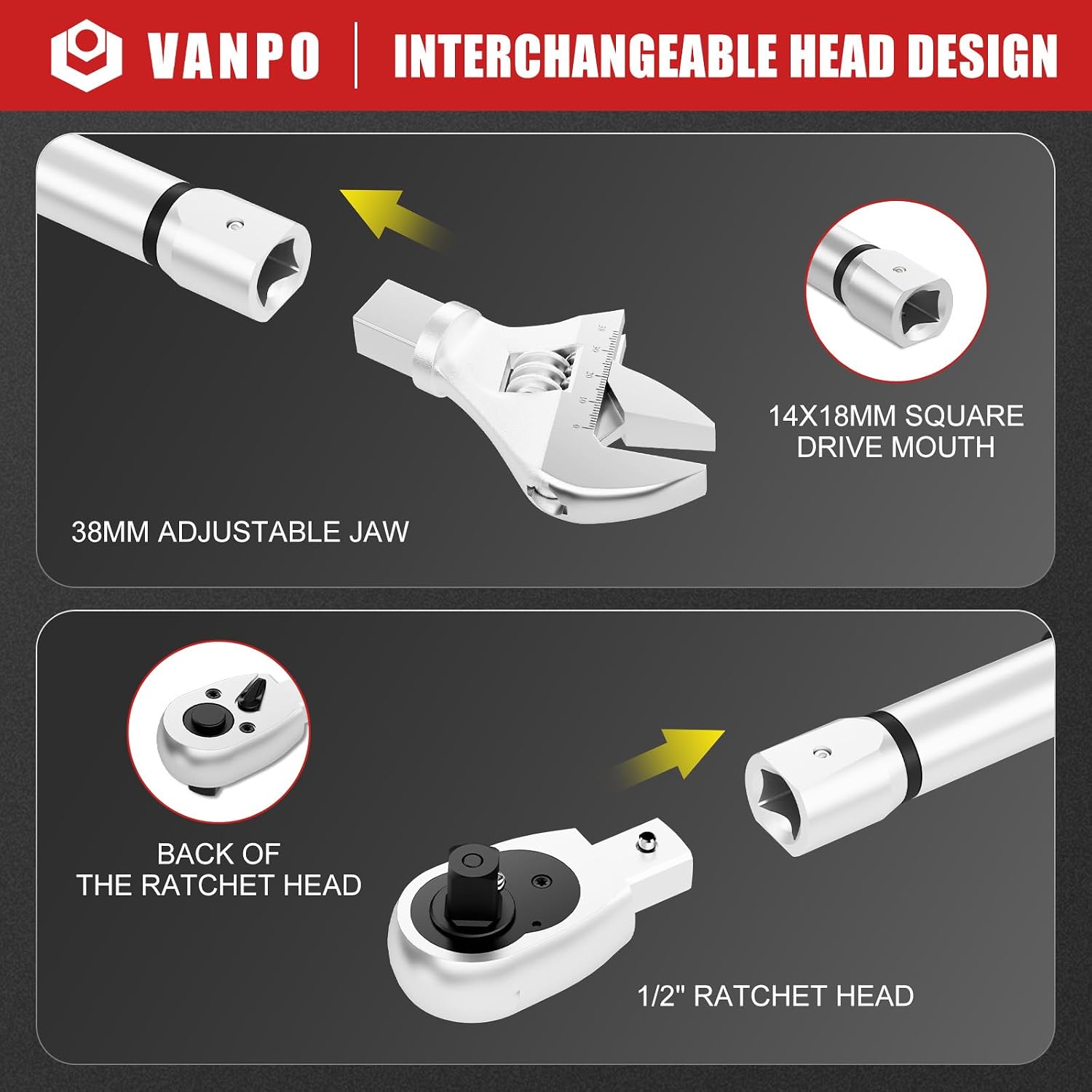 VANPO Adjustable Digital Torque Wrench, 5-99.6Ft.lb/6.8-135Nm, ±2% Accuracy, HVAC Torque Wrench with Interchangeable 38mm Jaw & 1/2' Ratchet, Buzzer, Vibration and LED Alert for Split AC, Moto, Car