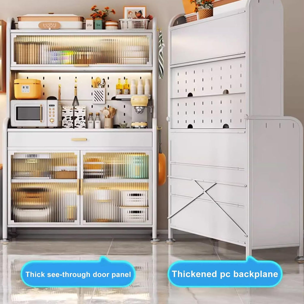 Kitchen Cabinet Storage, Microwave Stand with Flip Door and Pegboard, Large Kitchen Storage Shelves with 8 Hooks, 4-Tier Free Standing Kitchen Bakers Rack for Garage Pantry Kitchen Home White (Color