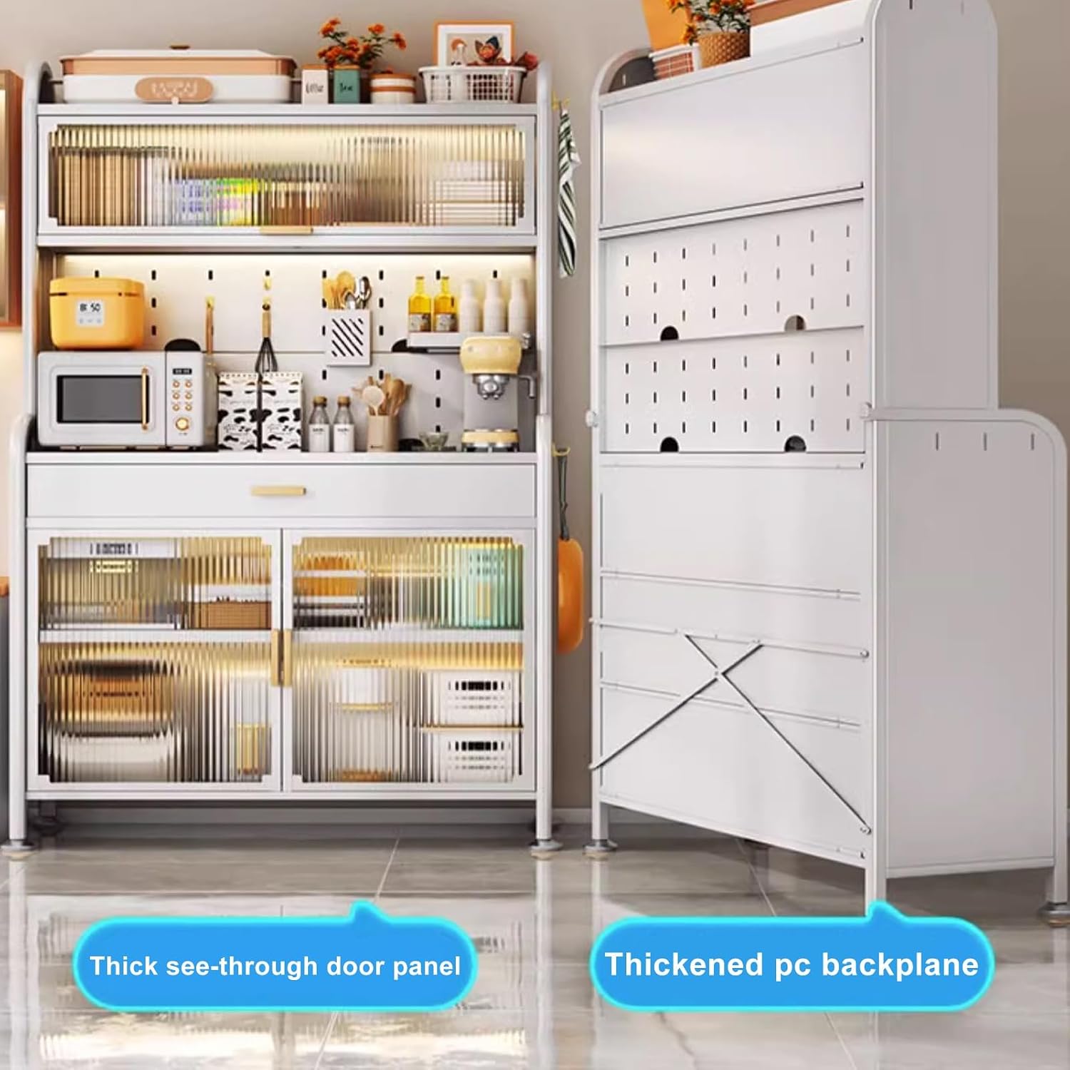 Kitchen Cabinet Storage, Microwave Stand with Flip Door and Pegboard, Large Kitchen Storage Shelves with 8 Hooks, 4-Tier Free Standing Kitchen Bakers Rack for Garage Pantry Kitchen Home White (Color
