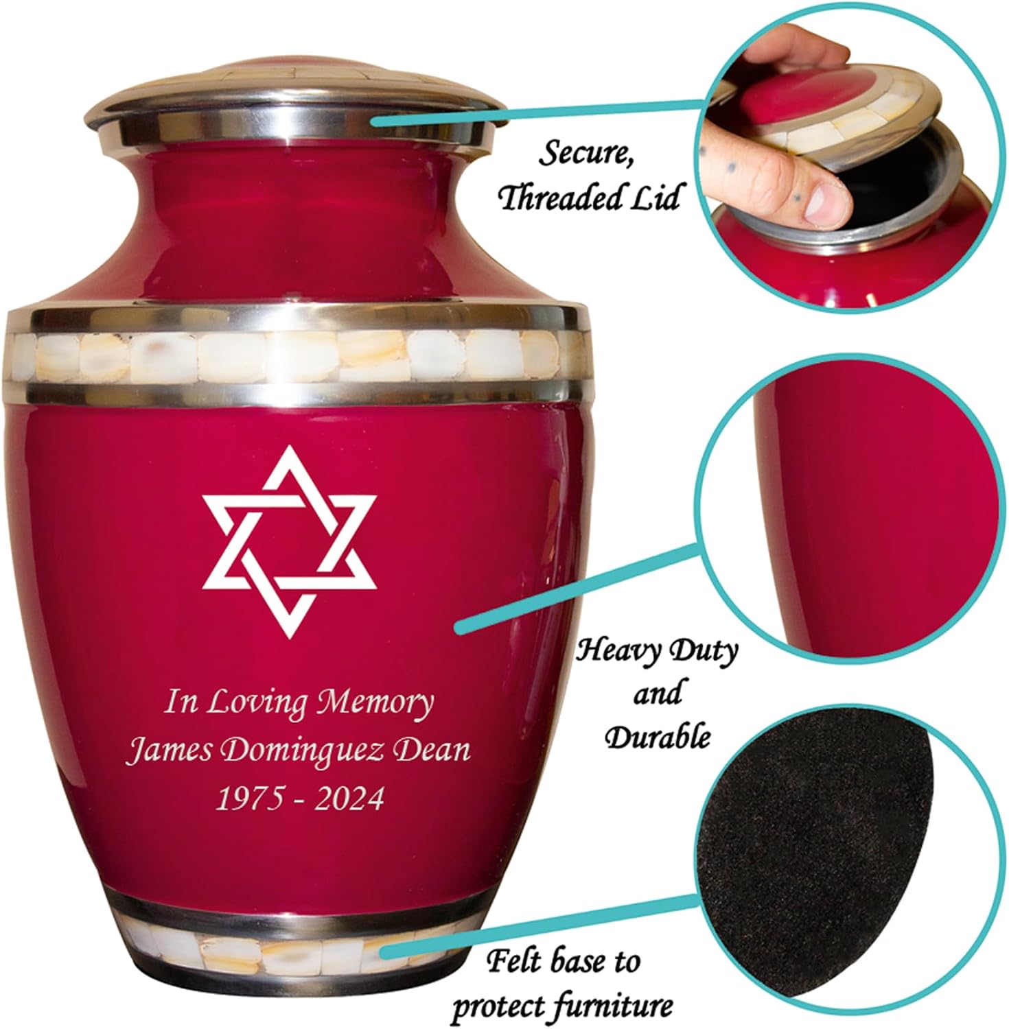 Star of David Blue Cremation Urn for Human Ashes, Jewish Cremation Urn, Religious Ash Urns with Personalized Engraving (Maroon)