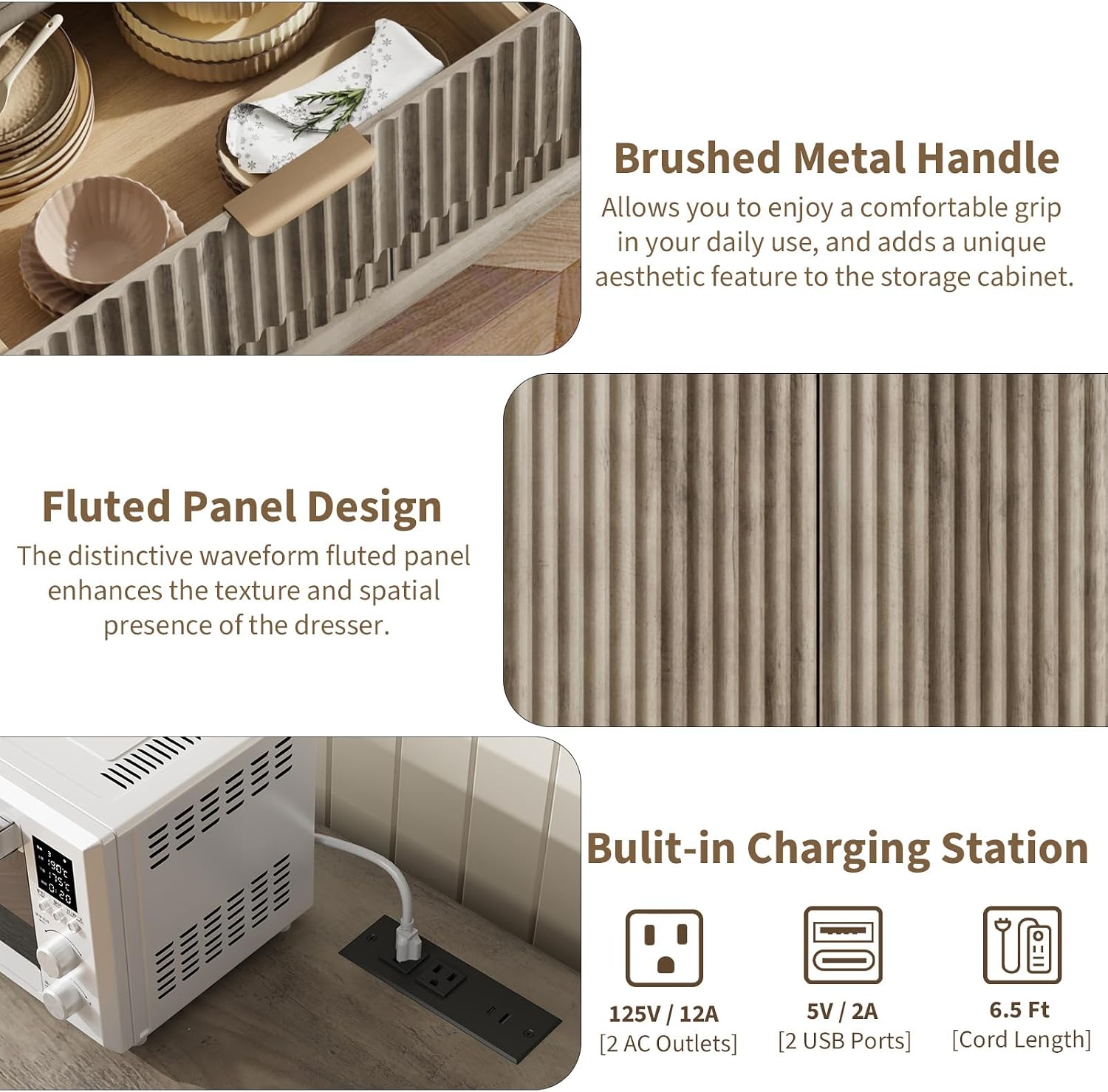 QUW Fluted Buffet Sideboard Cabinet with Storage, 47.2' Kitchen Cabinet with Drawers and Adjustable Shelves, Modern Coffee Bar with Charging Station, for Dining Room, Living Room, Grey