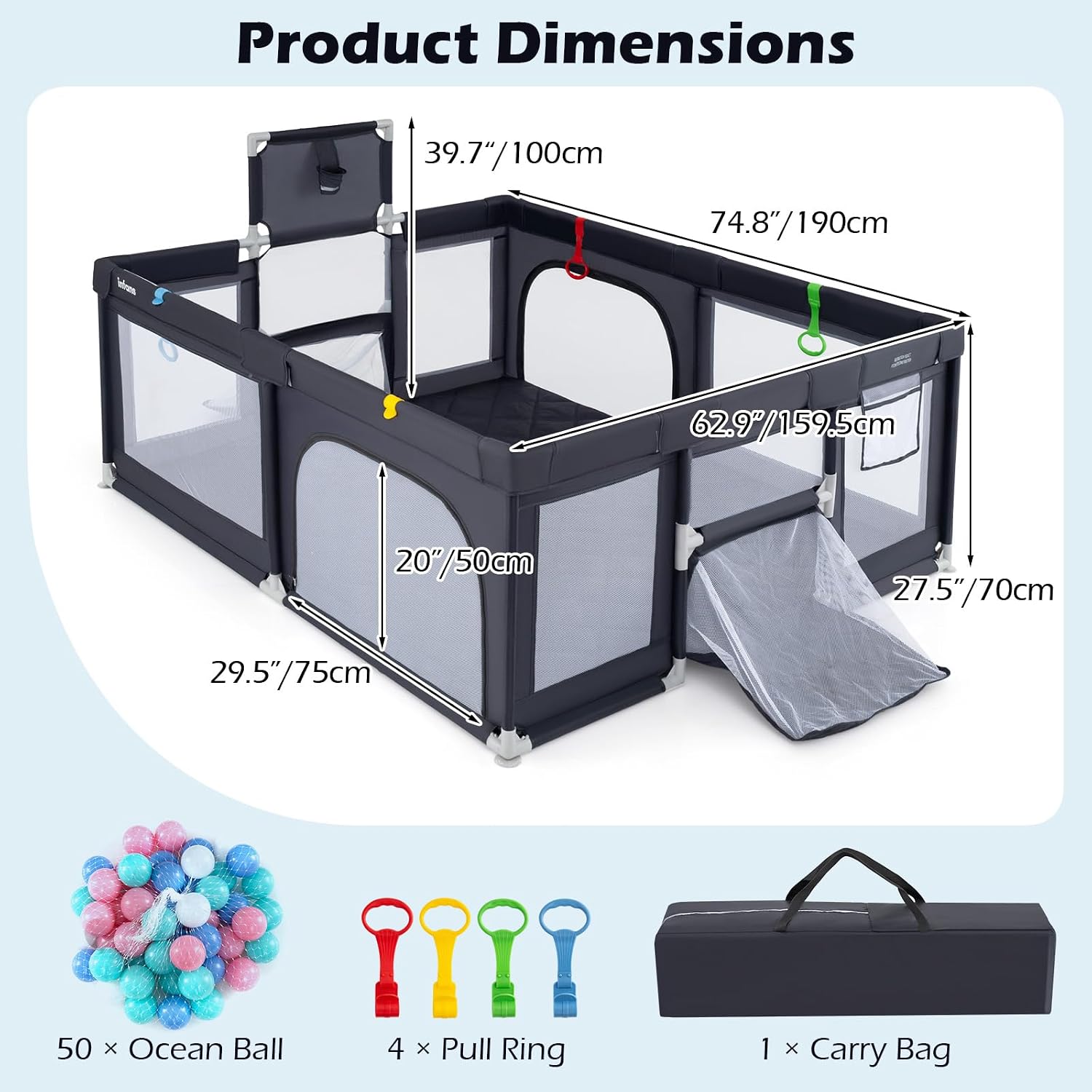 INFANS 74' x 62' Baby Playpen with Soft Mat, Basketball Hoop, 2 Soccer Goals, 4 Handles & 50 Ocean Balls, Breathable Mesh, Large Play Yard for Toddlers (Grey Black)