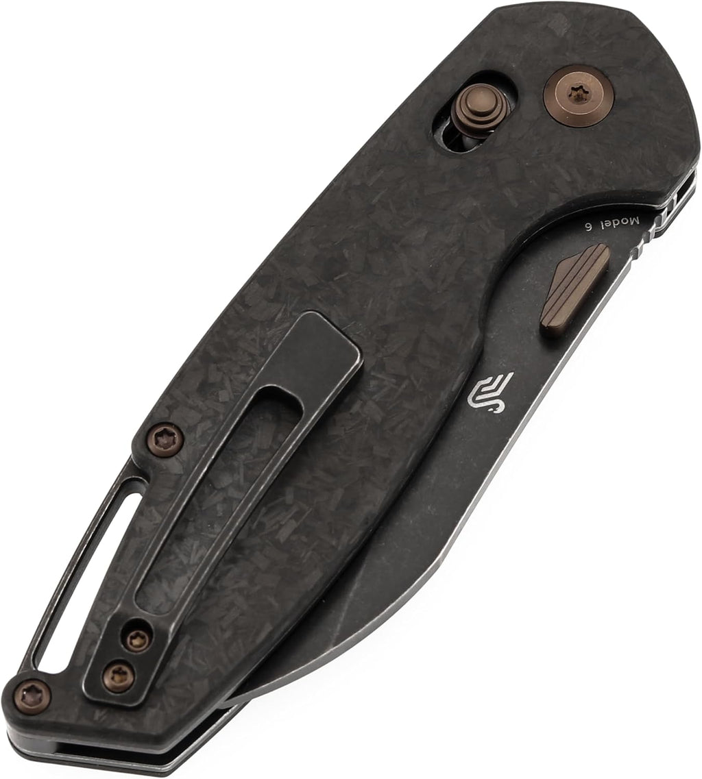 KANSEPT Model 6 Folding Knife, 3.1'' Blackwash CPM S35VN Sharp Blade, Shred Carbon Fiber Handle with Crossbar Lock, Thumb Stud Pocket Clip for EDC, Camping, Hiking K1022V1