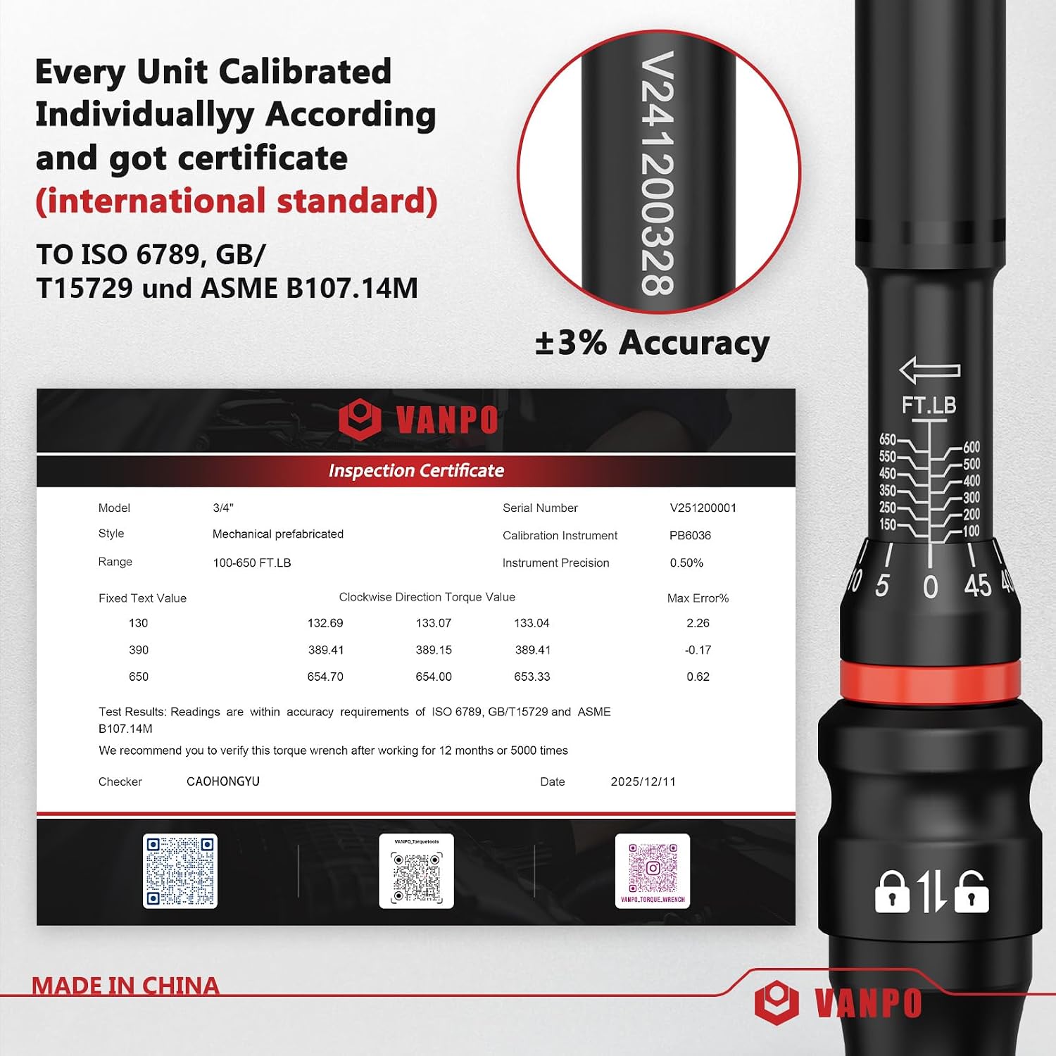 VANPO Torque Wrench 3/4-Inch Drive 100-650 Ft-Lb Heavy Duty Click Type for Fleet Maintenance, Semi Truck, Industrial Equipment - TPR+ABS Handle, ±3% Precision, 45-Tooth Ratchet,with Portable Case