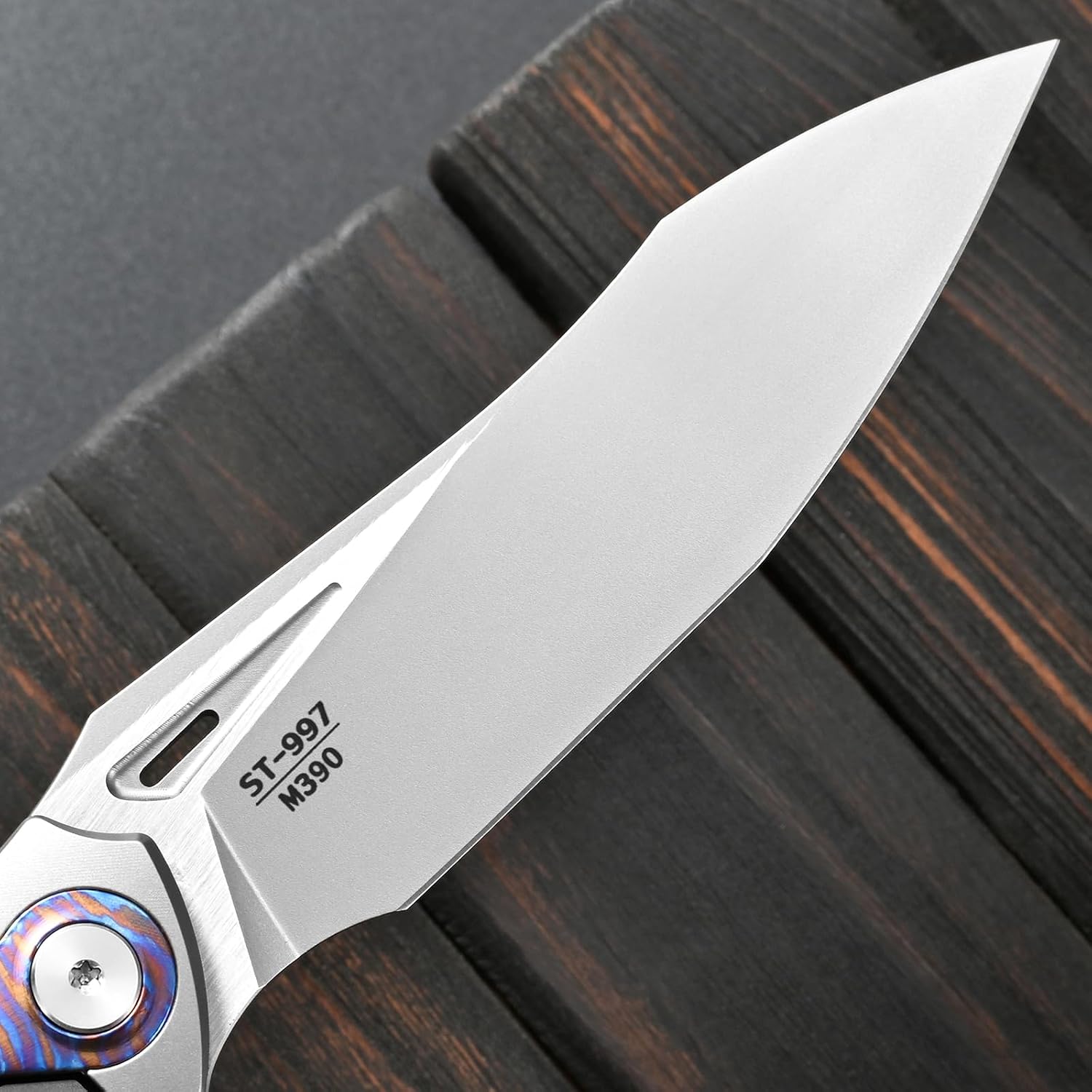 Sitivien ST997 Folding Knife,Handmade M390 Pearlescent Brushed Steel Blade,Titanium Carbon Fiber Handle EDC Knife for Outdoor Camping Hiking Survival Travel (Timascus)