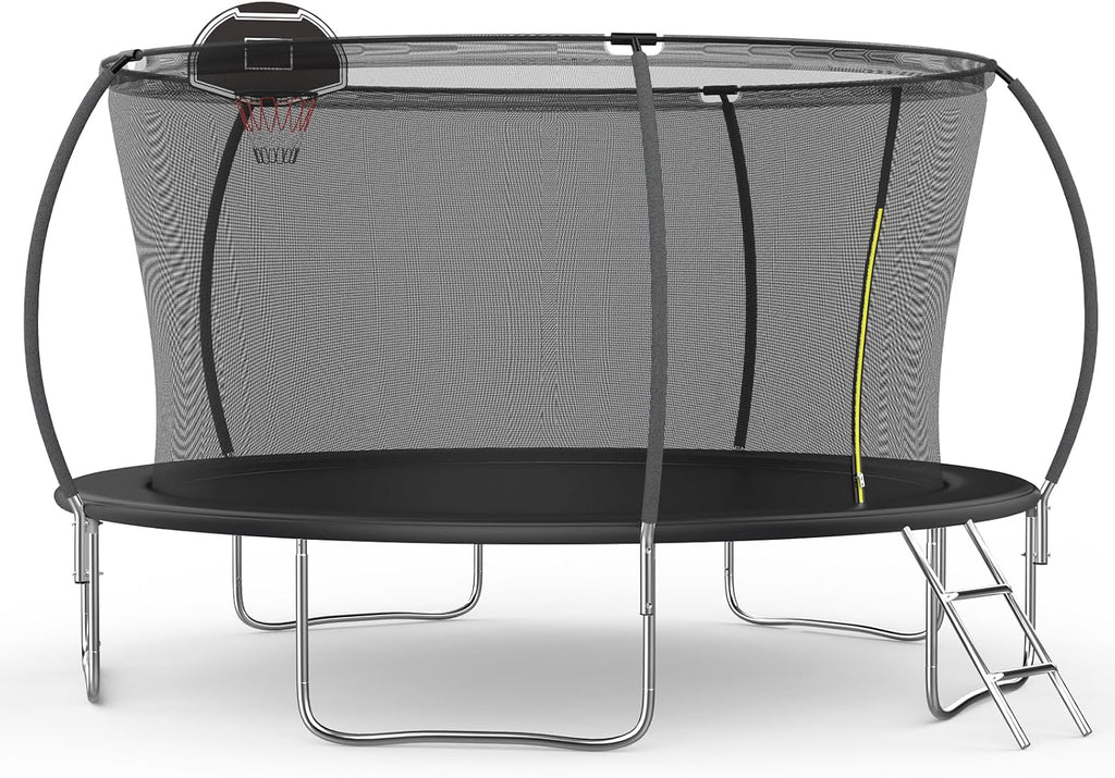 14FT Tranpoline for Kids with Safety Enclosure Net Recreational Round Tranpoline with Basketball Hoop ASTM Approval Backyard Outdoor Tranpoline with Spring Pad Cover & Ladder