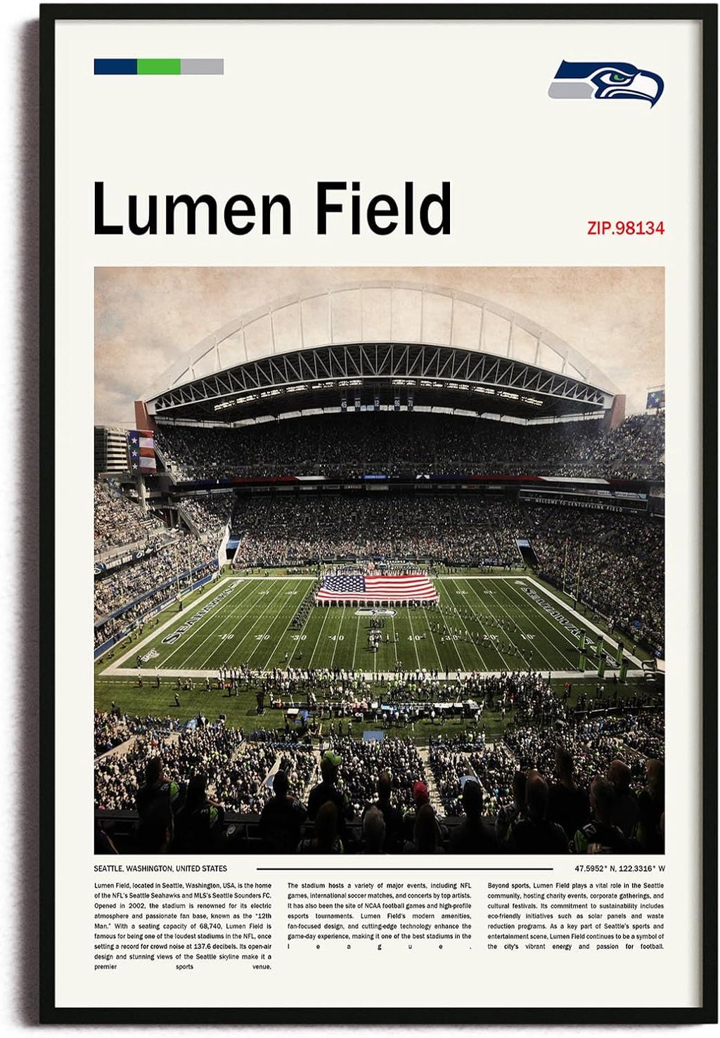 (Wrapped Canvas 20'x30') LumenField Canvas Print – Seattle Home Field Wall Art for Seahawks Fans, Sports poster for Game Room or Man Cave Decor