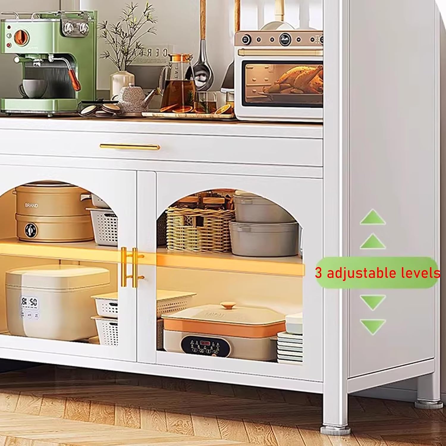 JKGHK Kitchen Pantry Cabinet Buffet with Drawer Storage, 72.8in Microwave Stand with 3 Adjustable Levels, Standing Bakers Racks with Glass Doors, for Dining Room(White,100cm/39.3in)