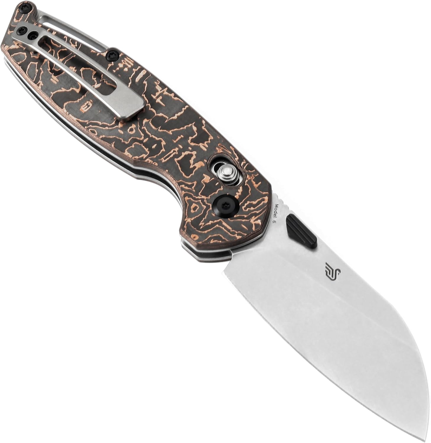 KANSEPT Model 6 Folding Knife, 3.1'' Stonewashed CPM S35VN Sharp Blade, Copper Carbon Fiber Handle with Crossbar Lock, Thumb Stud Pocket Clip for EDC, Camping, Hiking K1022V2