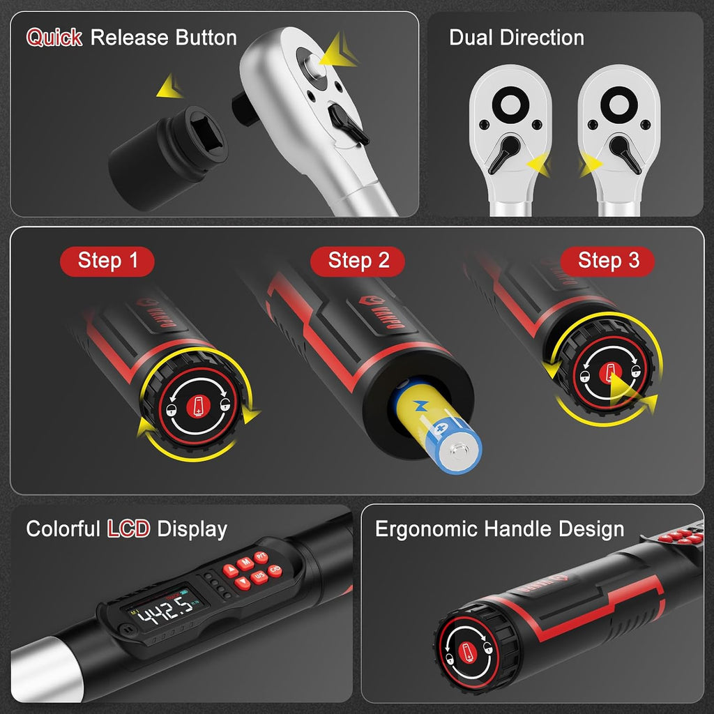 VANPO 3/4-Inch Digital Torque Wrench 22.1-442.5 Ft-Lb/30-600Nm, ±2% Accuracy Heavy-Duty Electronic Torque Wrench with Triple Alert, Preset Memory for Trucks, Construction & Industrial Equipment