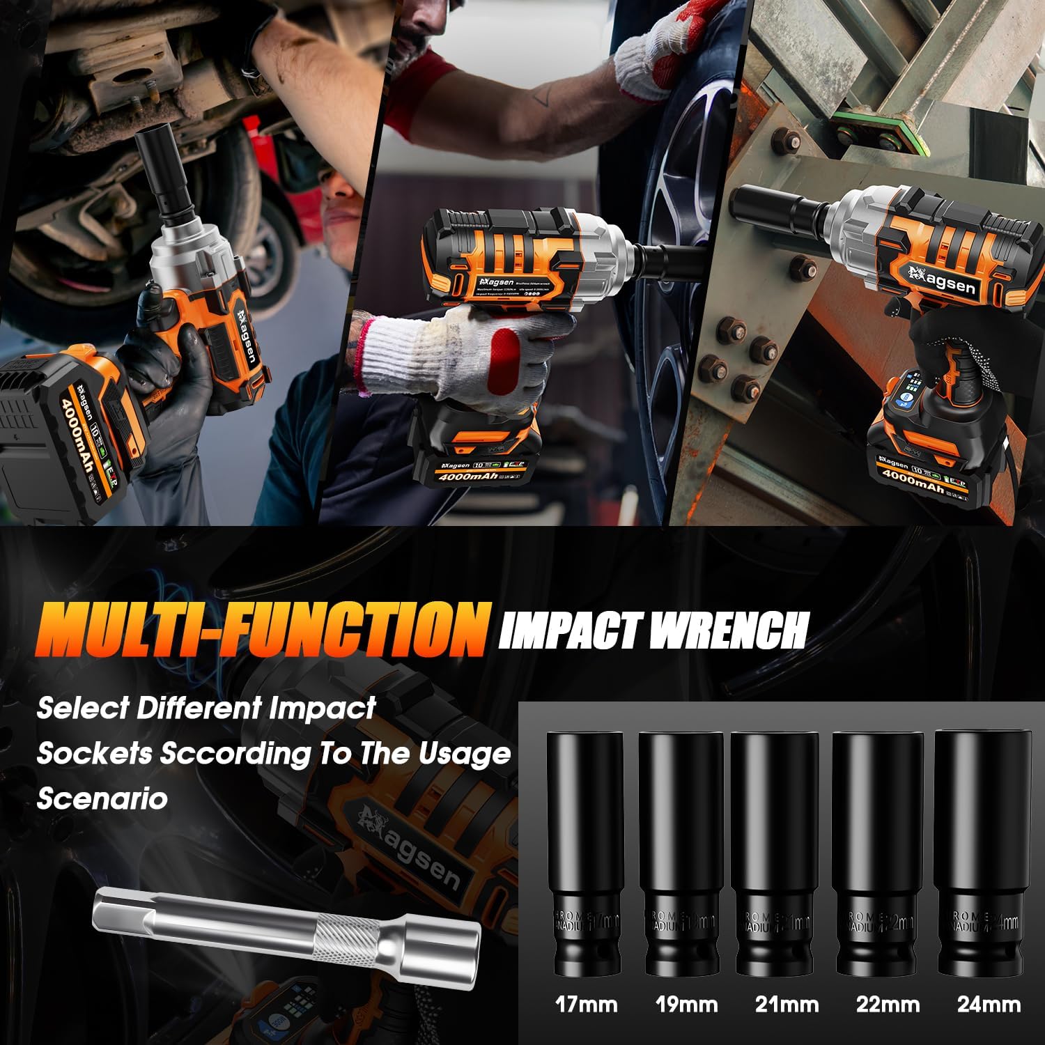 1500N.m Impact Wrench, 1/2' High Torque 1107ft-lbs Cordless Impact Gun with 2 x 4.0Ah Battery, 21V Power Impact Driver with 5 Sockets,LED Light,Electric Impact Truck RV Car Heavy Construction