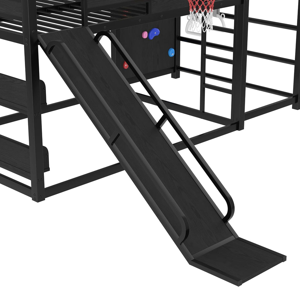 Metal Full Over Full Bunk Bed with Slide and Bookshelf, Modern Heavy Duty Bunk Bed with Basketball Hoop, Pull-Up Rings and Climbing Wall, Low Playhouse Loft Bed for Kids, Black