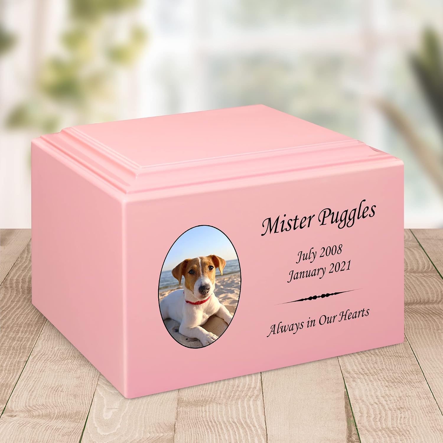 Mainely Urns Stonewood Large Custom Pet Photo Cremation Urn for Pet Ashes - Engineered Wood Cremation Urn for Dog Ashes or Cat Ashes - 280 Cubic Inch Capacity - Customization Included (Pink)