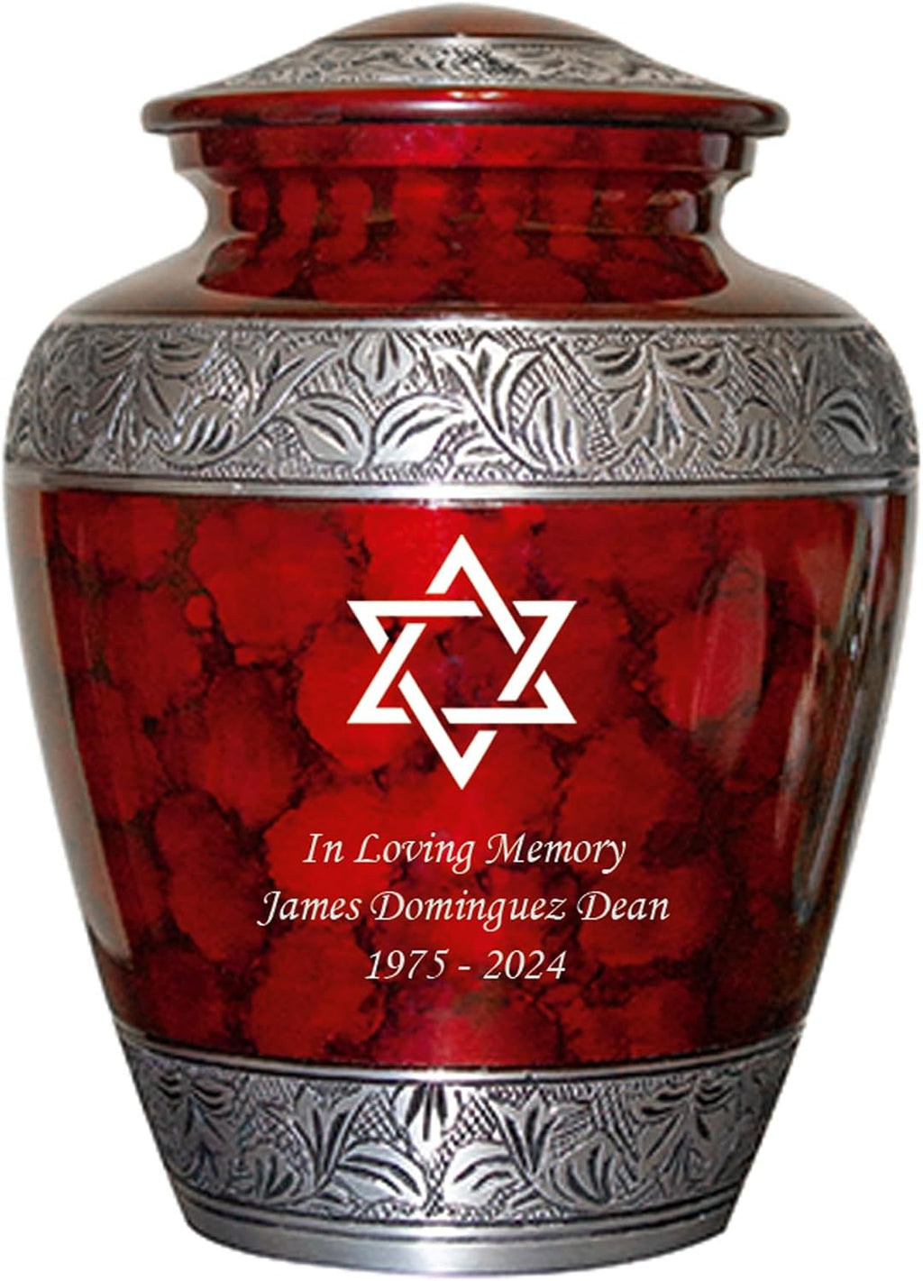 Star of David Blue Cremation Urn for Human Ashes, Jewish Cremation Urn, Religious Ash Urns with Personalized Engraving (Red Fire)