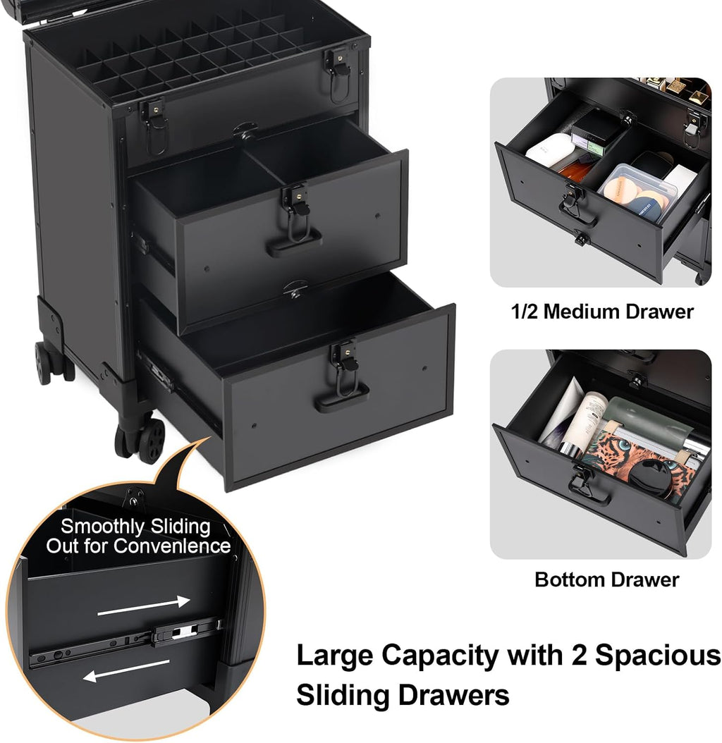3 in 1 Rolling Makeup Case, Professional Cosmetology Case on Wheels with 2 Drawers, Ideal Gift for Hairstylist, Nail Techs, 3 Tiers Portable Beauty Organizer Case for Travel or Salon Use, Black