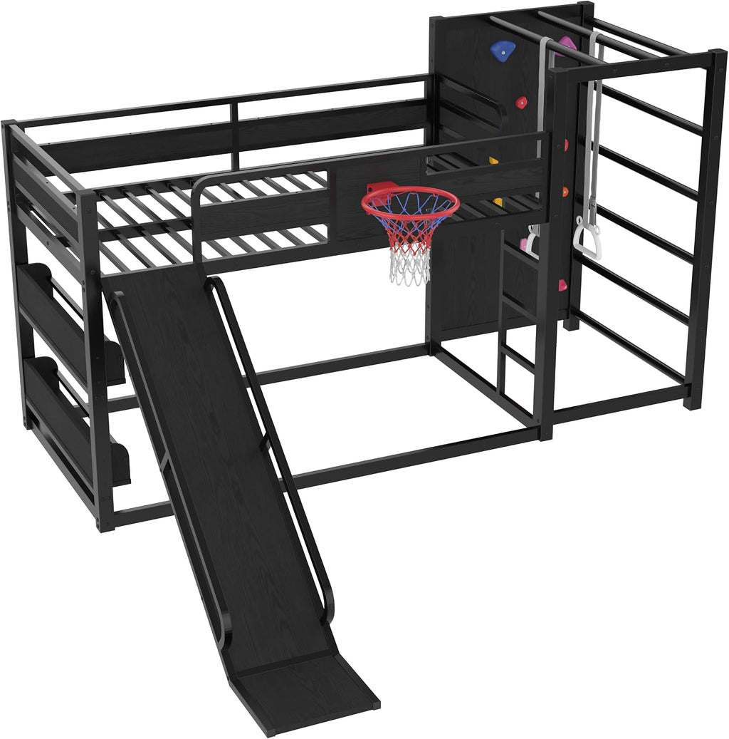 Metal Twin Over Twin Bunk Bed with Slide and Bookshelf, Modern Heavy Duty Bunk Bed with Basketball Hoop, Pull-Up Rings and Climbing Wall, Low Playhouse Loft Bed for Kids, Black