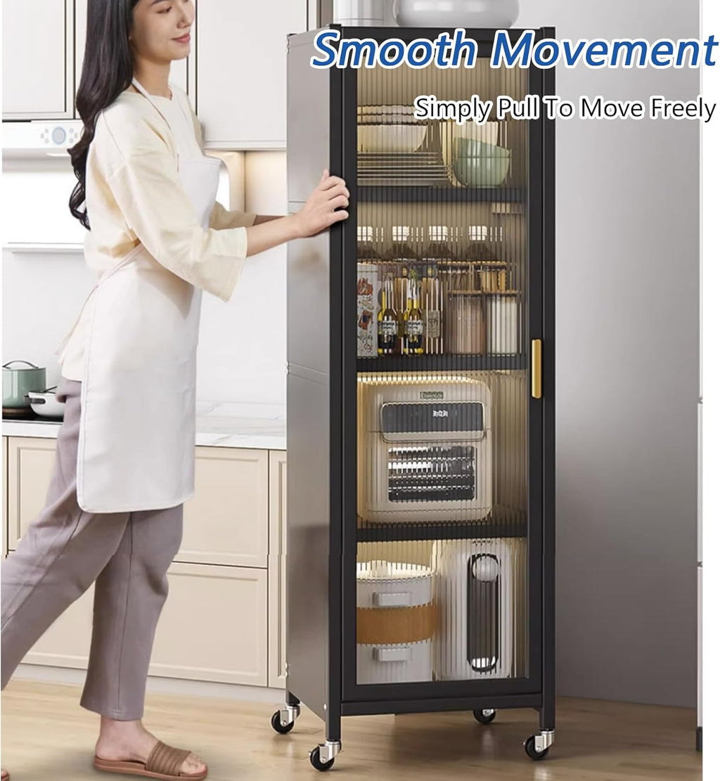 Free Standing Kitchen Bakers Rack, 3/4 Tier Microwave Stand with Transparent Door, Movable Pantry Storage Cabinet, Dining Room Living Room Shelves(L 13.8' x W 15.7' x H 45.5', White-3 Tier)