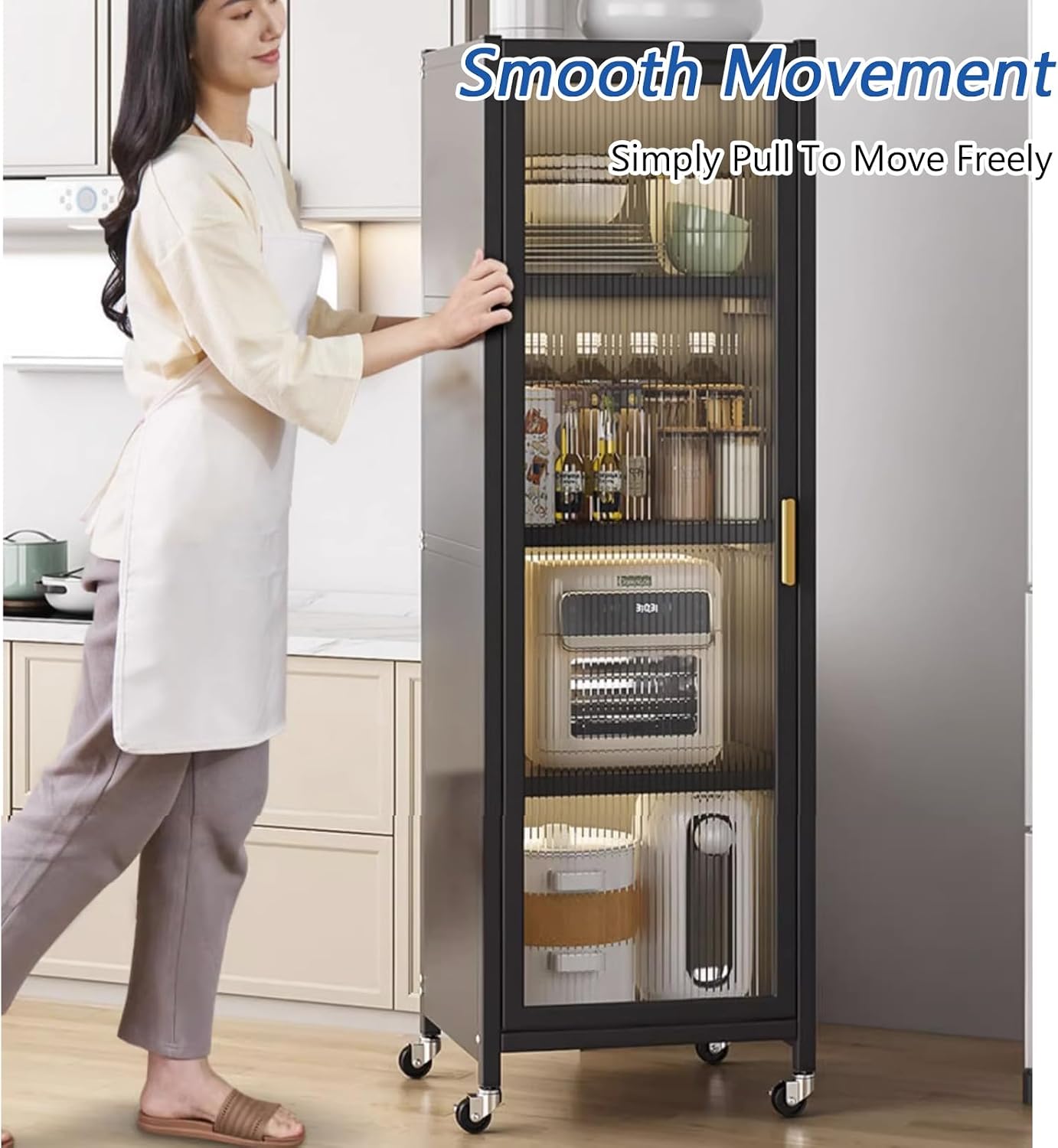 Free Standing Kitchen Bakers Rack, 3/4 Tier Microwave Stand with Transparent Door, Movable Pantry Storage Cabinet, Dining Room Living Room Shelves(L 13.8' x W 15.7' x H 45.5', White-3 Tier)