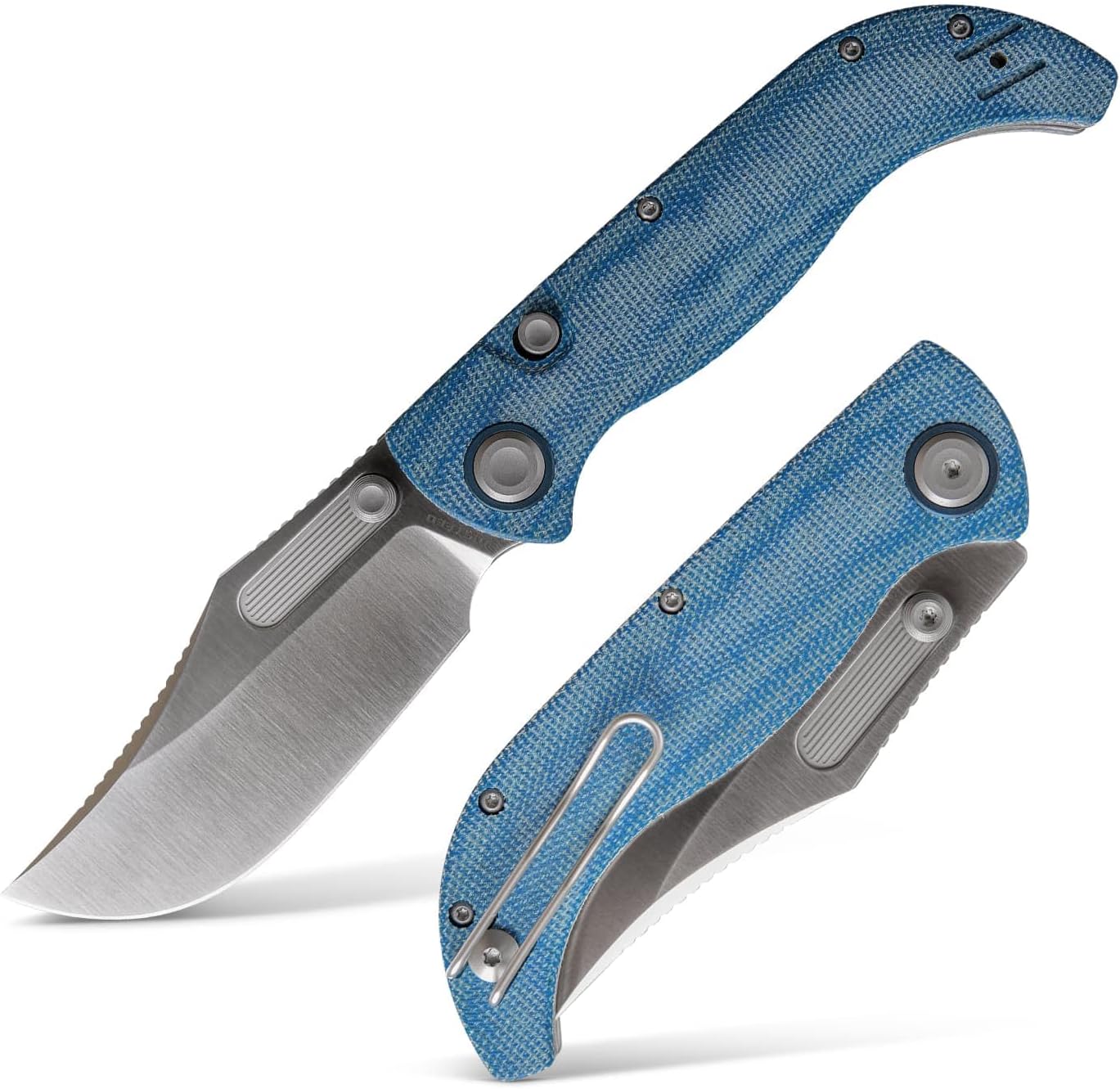 Vosteed Naga EDC Folding Pocket Knife - 3.47' S35VN Satin Blade, Clip Point - Top Liner Lock, Blue Norplex UltreX™ Micarta Handle - Camping, Hiking Knives - A3901
