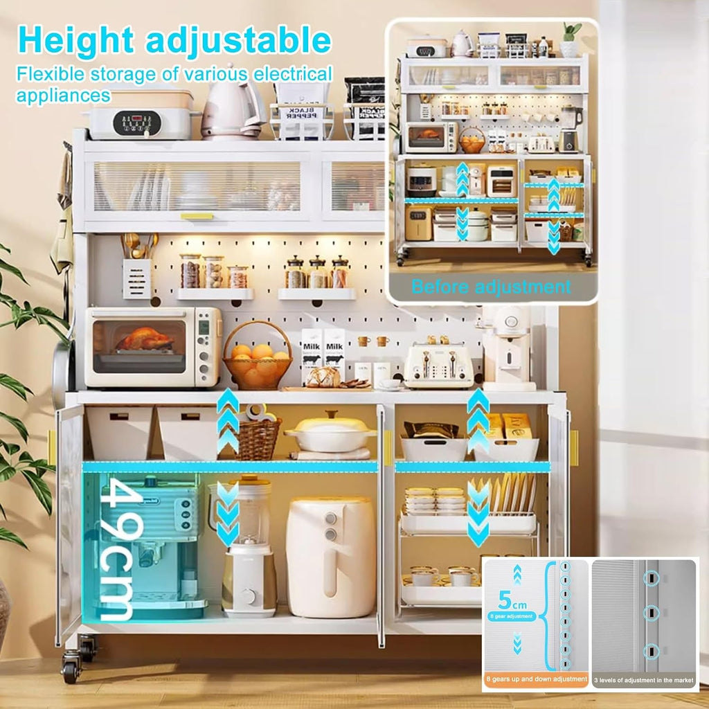 5-Tier Kitchen Storage Cabinet, Microwave Cart with Brakeable Casters, Metal Bakers Rack, DIY Backplane, White, 40.6in - Ideal for Organizing Kitchen Space