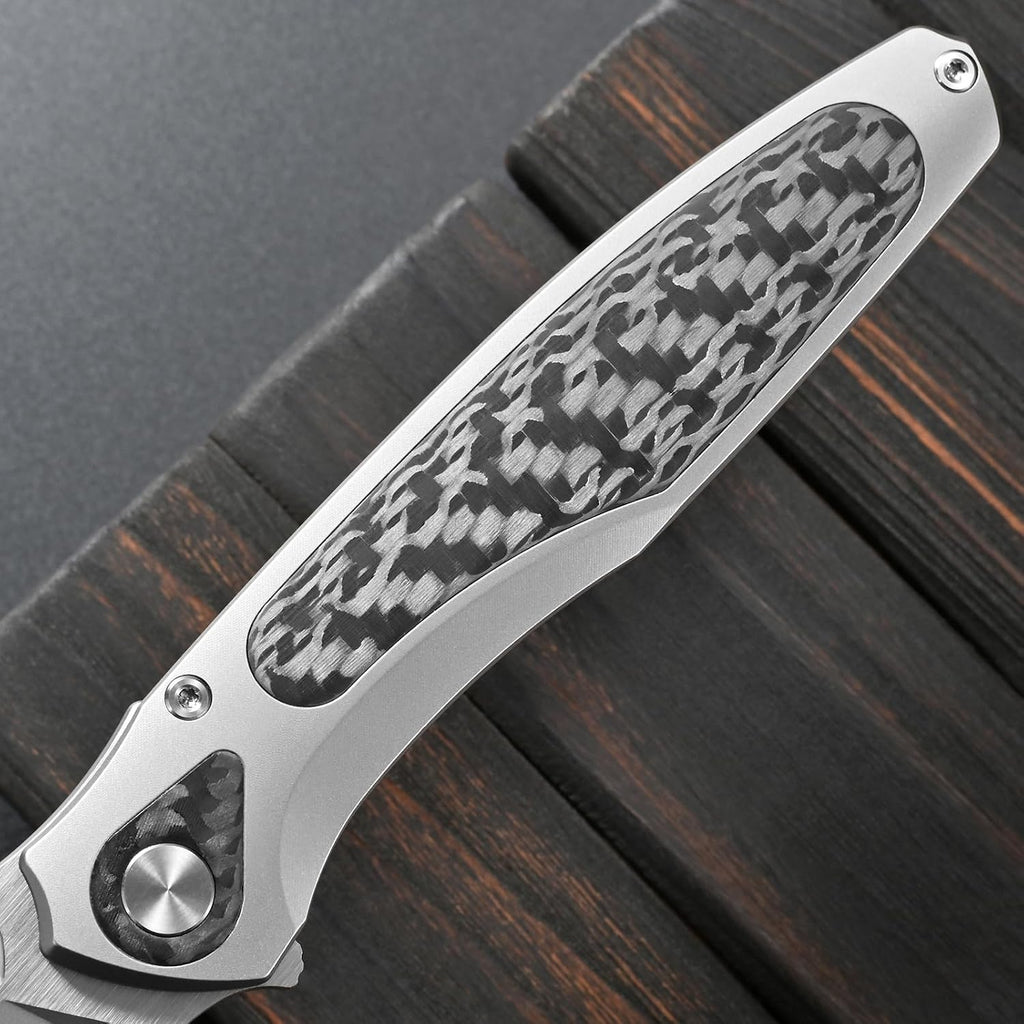 Sitivien ST997 Folding Knife,Handmade M390 Pearlescent Brushed Steel Blade,Titanium Carbon Fiber Handle EDC Knife for Outdoor Camping Hiking Survival Travel(Gray)