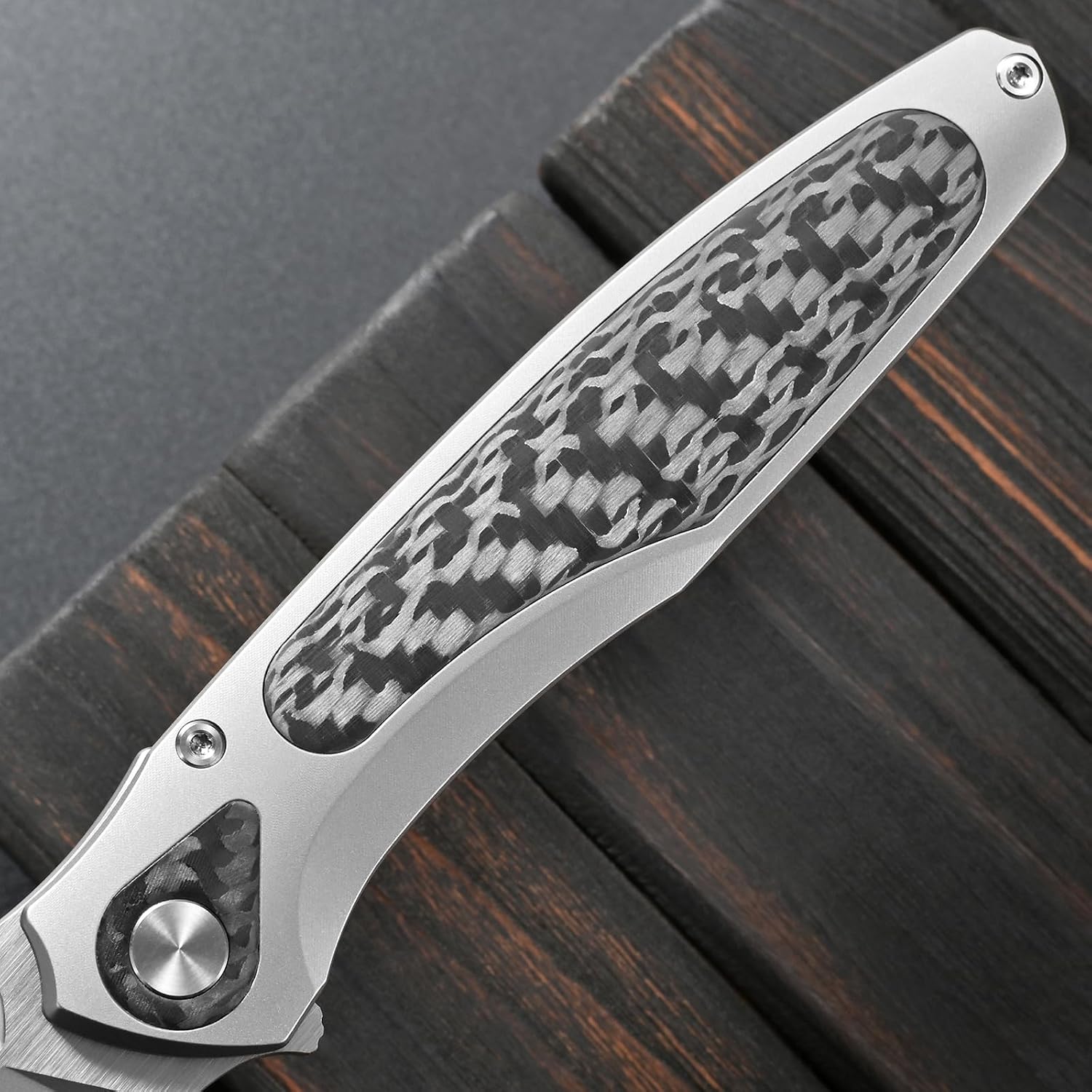 Sitivien ST997 Folding Knife,Handmade M390 Pearlescent Brushed Steel Blade,Titanium Carbon Fiber Handle EDC Knife for Outdoor Camping Hiking Survival Travel(Gray)