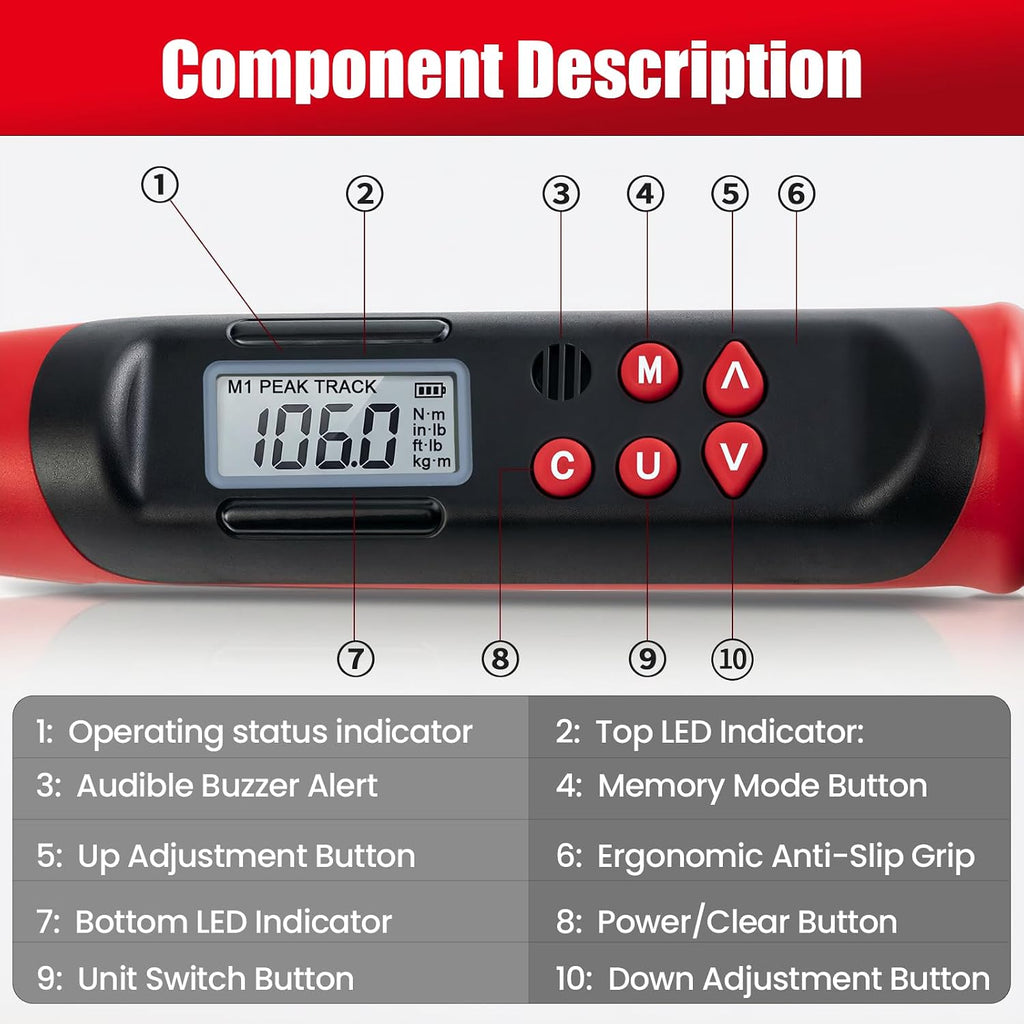 Digital HVAC Torque Wrench, 7.4-147.5 ft.lb/10-200 N.m, Crescent Head Adjustable Torque Wrench, 2% Accuracy, LED and Buzzer Alert, Professional Tool for Mini Split AC and HVAC