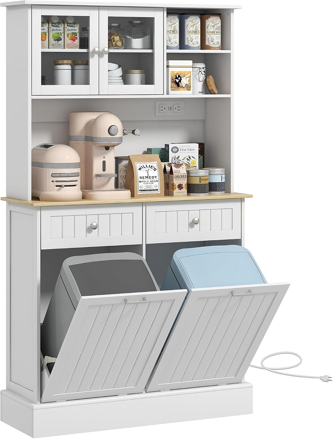 68' Charging Station Freestanding Storage Cabinet, Kitchen Storage Bakers Rack with Tilt-Out Trash Cabinets, Utility Food Cupboard with Adjustable Shelf for Kitchen Living Spaces, White