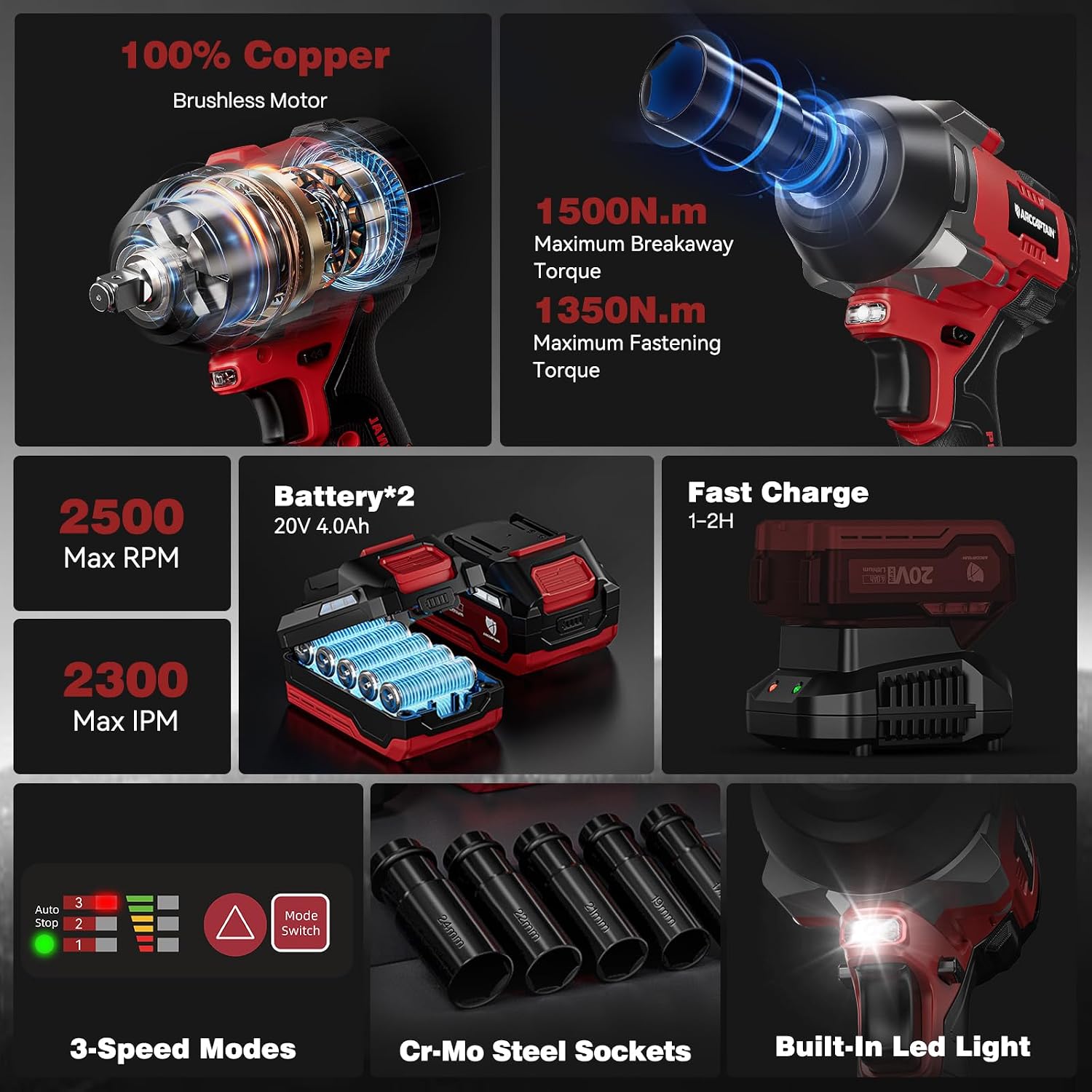 ARCCAPTAIN Cordless Impact Wrench, 1500N.m (1106Ft-lbs) 1/2' High Torque Impact Gun, 15C High-Rate 2x4.0Ah Batteries, 20V Power Impact Driver, Supports Up to 40mm Socket for Heavy Truck/Car/Pickup