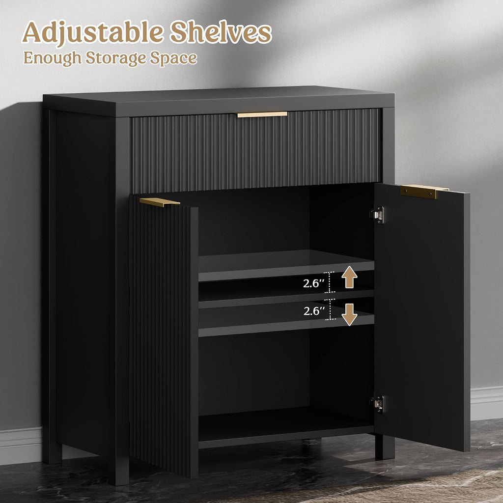 Lulive Black Fluted Storage Cabinet with Drawers Buffet Sideboard Cabinet with Adjustable Shelves for Kitchen Living Room, Kitchen, Entryway