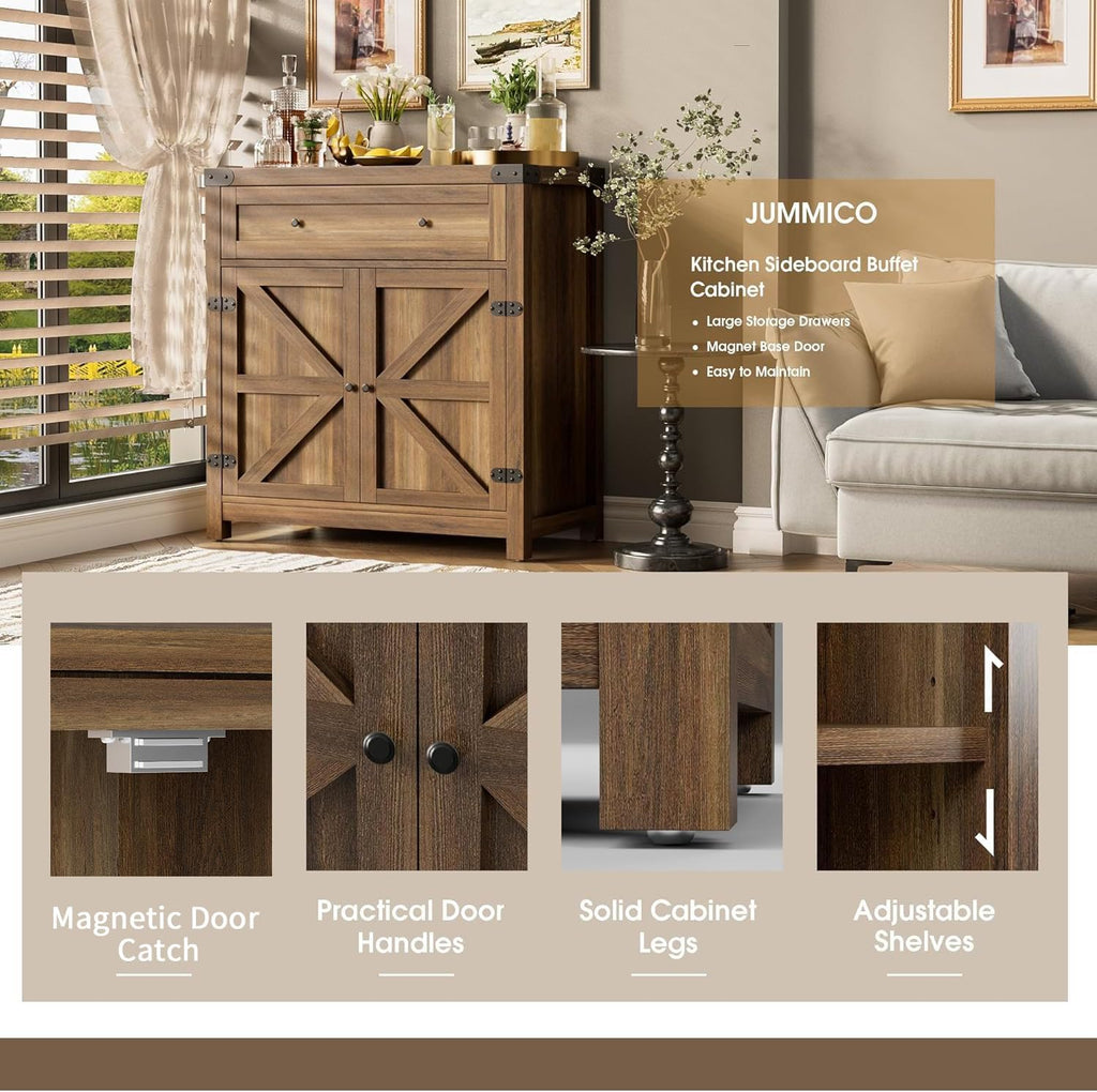 JUMMICO Coffee Bar Cabinet Farmhouse Kitchen Sideboard Buffet Cabinet with Drawer and Adjustable Shelf Barn Door Storage for Kitchen, Dining Room, Bathroom, Entryway (Brown)