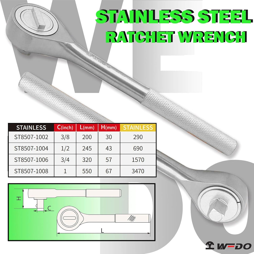 WEDO 1/2' Drive Ratchet Wrench,Quick-release Reversible Ratchet Wrench,Ratchet Socket Wrench, Stainless Steel,Length 245mm,Stainless Steel,Rust Proof,Corrosion Resistant,Die-Forged