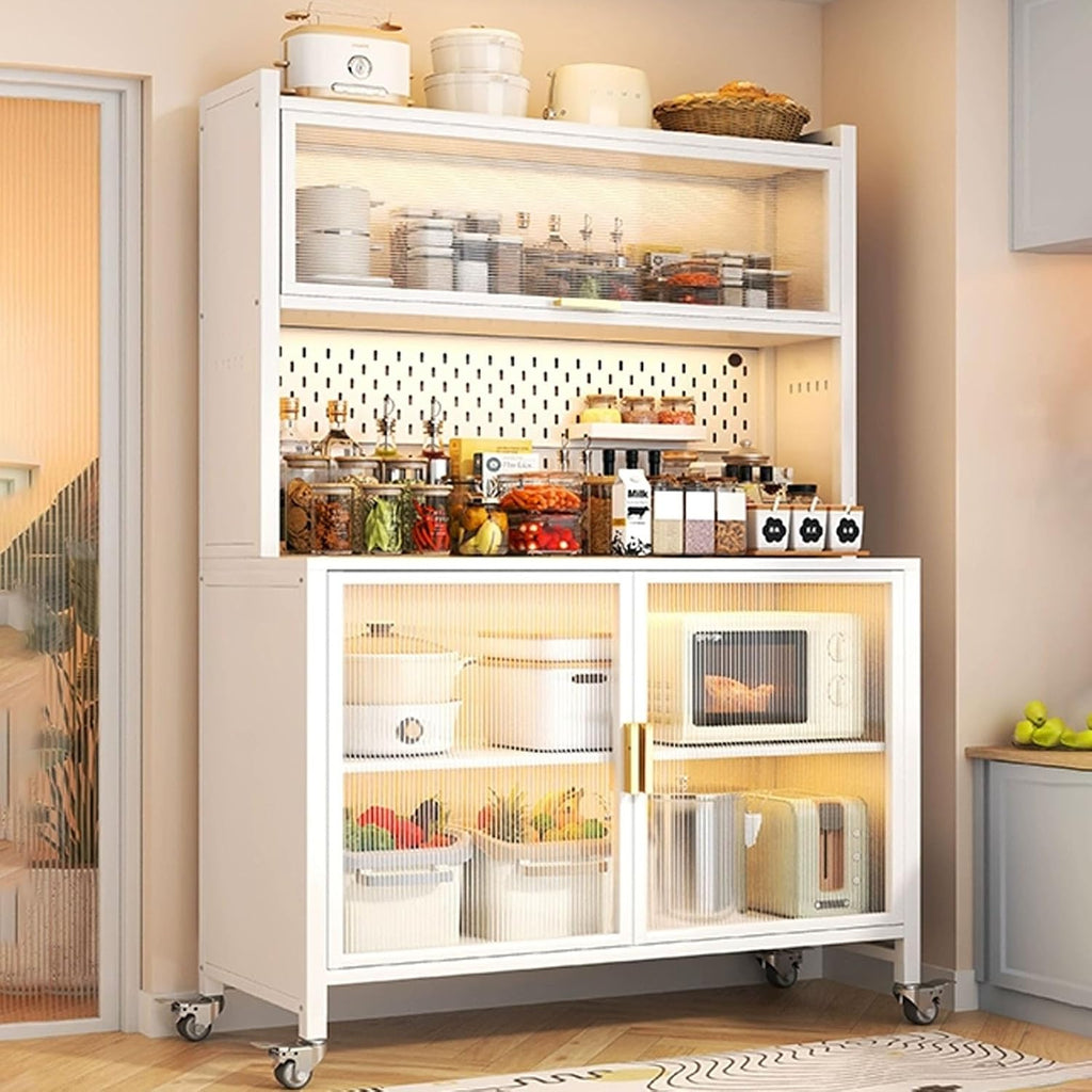 JKGHK Rolling Kitchen Bakers Rack on Wheels, Storage Sideboard Cabinet for Kitchens with Clear Doors and Adjustable Shelves, Microwave Oven Shelf Cabinet for Home, Office(White,62x24in)