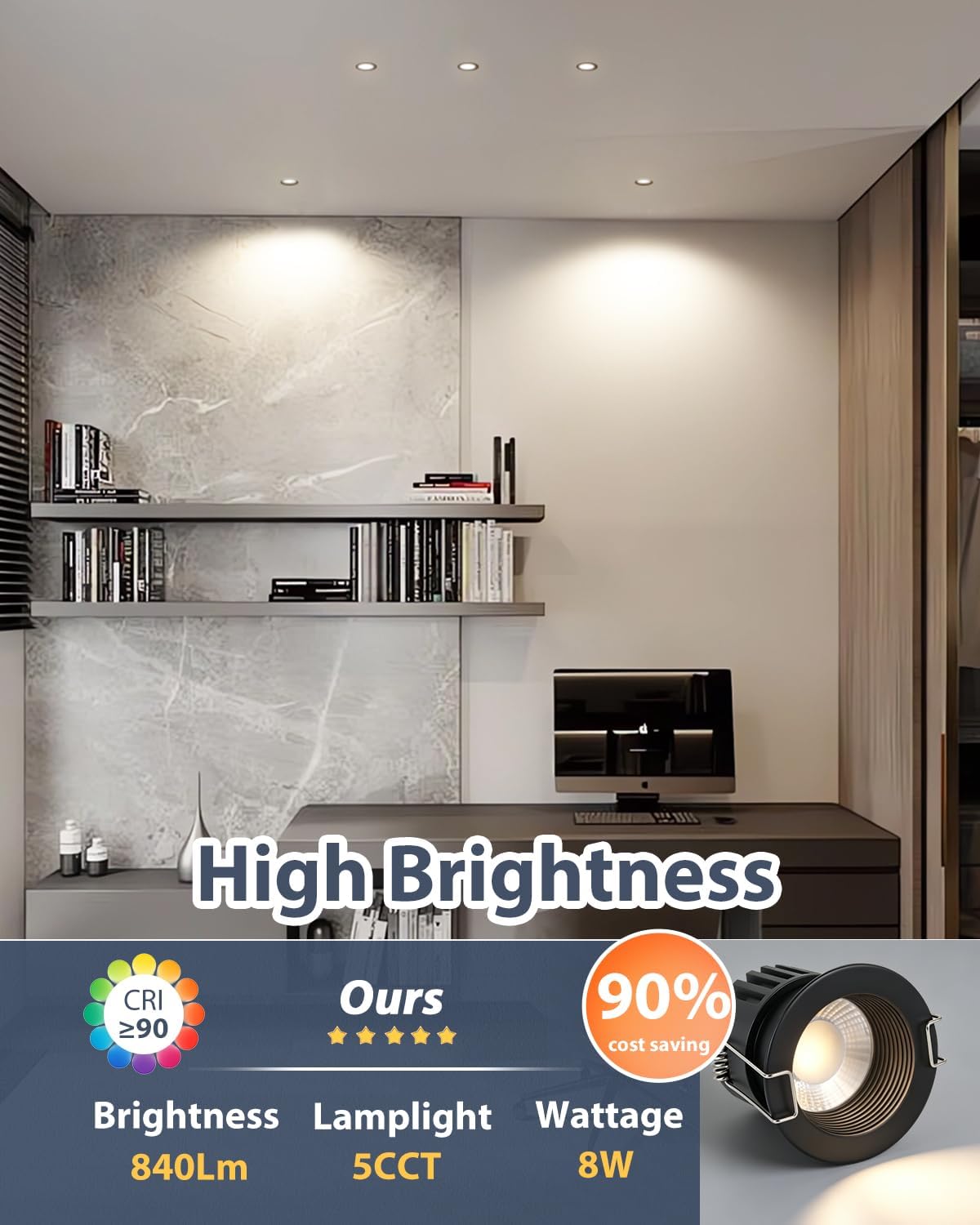 Aosclex 2 Inch 5CCT Anti-Glare LED Recessed Lights, IP65 Waterproof, 2700K-5000K Selectable, 8W 840LM CRI90+, Dimmable Canless Downlight with Jbox, ETL & FCC & Energy Star Certified（Black, 12 Pack）