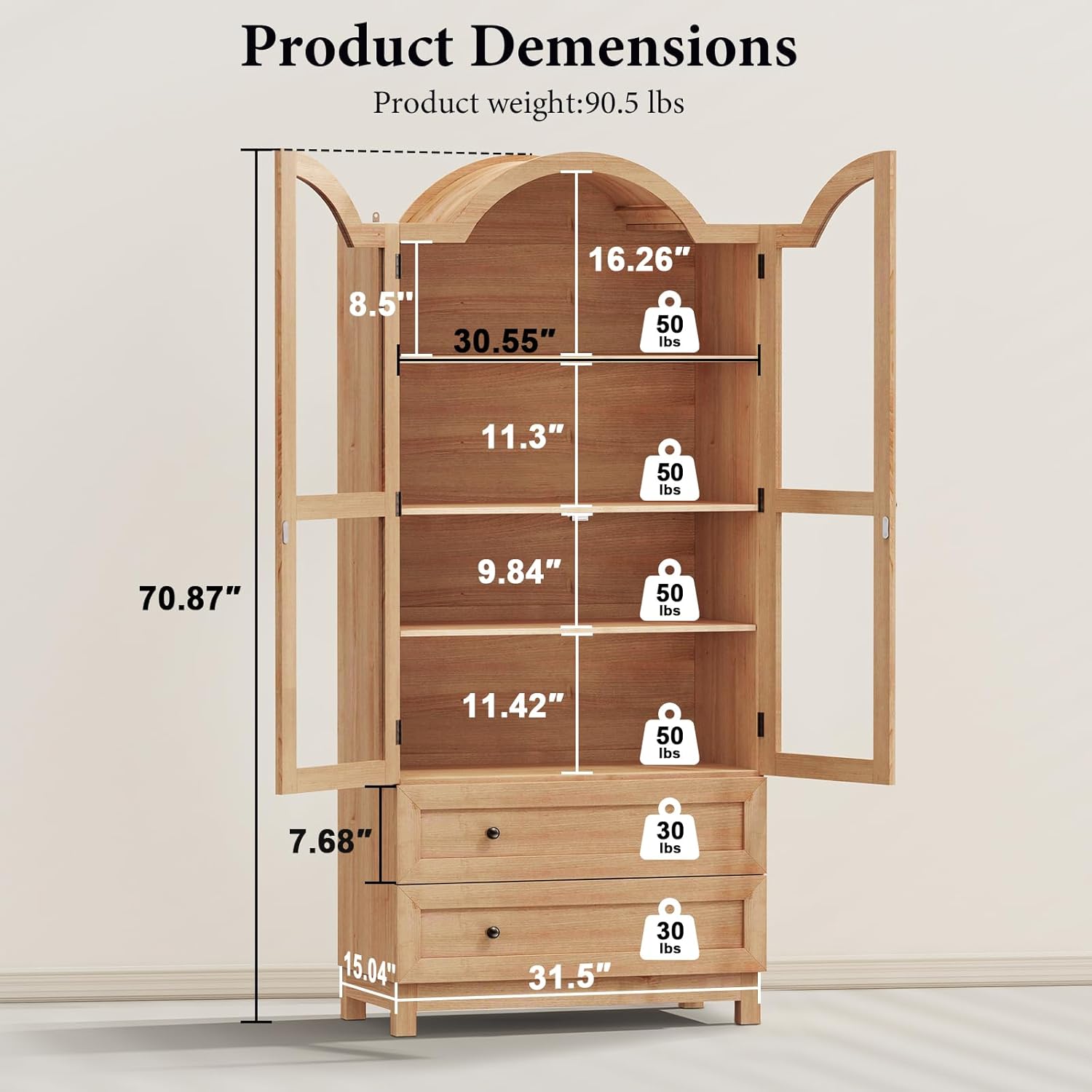 EasyCom 71 Tall Arched Cabinet, Farmhouse Wood Pantry Cabinet with 2 Large Drawers, 4-Tier Kitchen Storage Cabinet with Adjustable Shelf & Magnetic Clasp Doors for Living Room, Dining Room, Natrual
