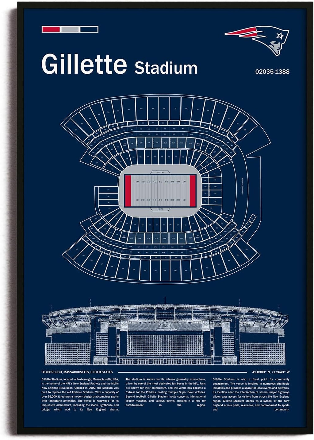 SPASAV (Metal Frame 24'x36') GilletteStadium Stadium Blueprint Canvas Print – New England Detailed Stadium Map Poster, Patriots Fan Decor, Wall Art for Home or Office