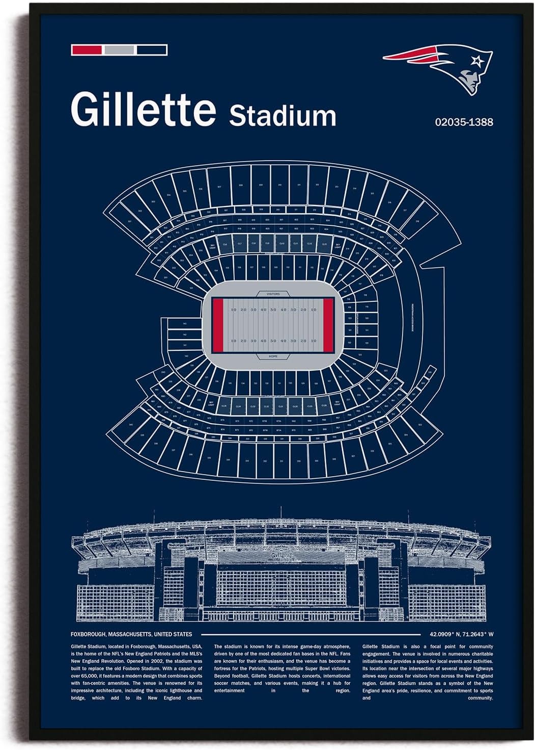 SPASAV (Metal Frame 24'x36') GilletteStadium Stadium Blueprint Canvas Print – New England Detailed Stadium Map Poster, Patriots Fan Decor, Wall Art for Home or Office