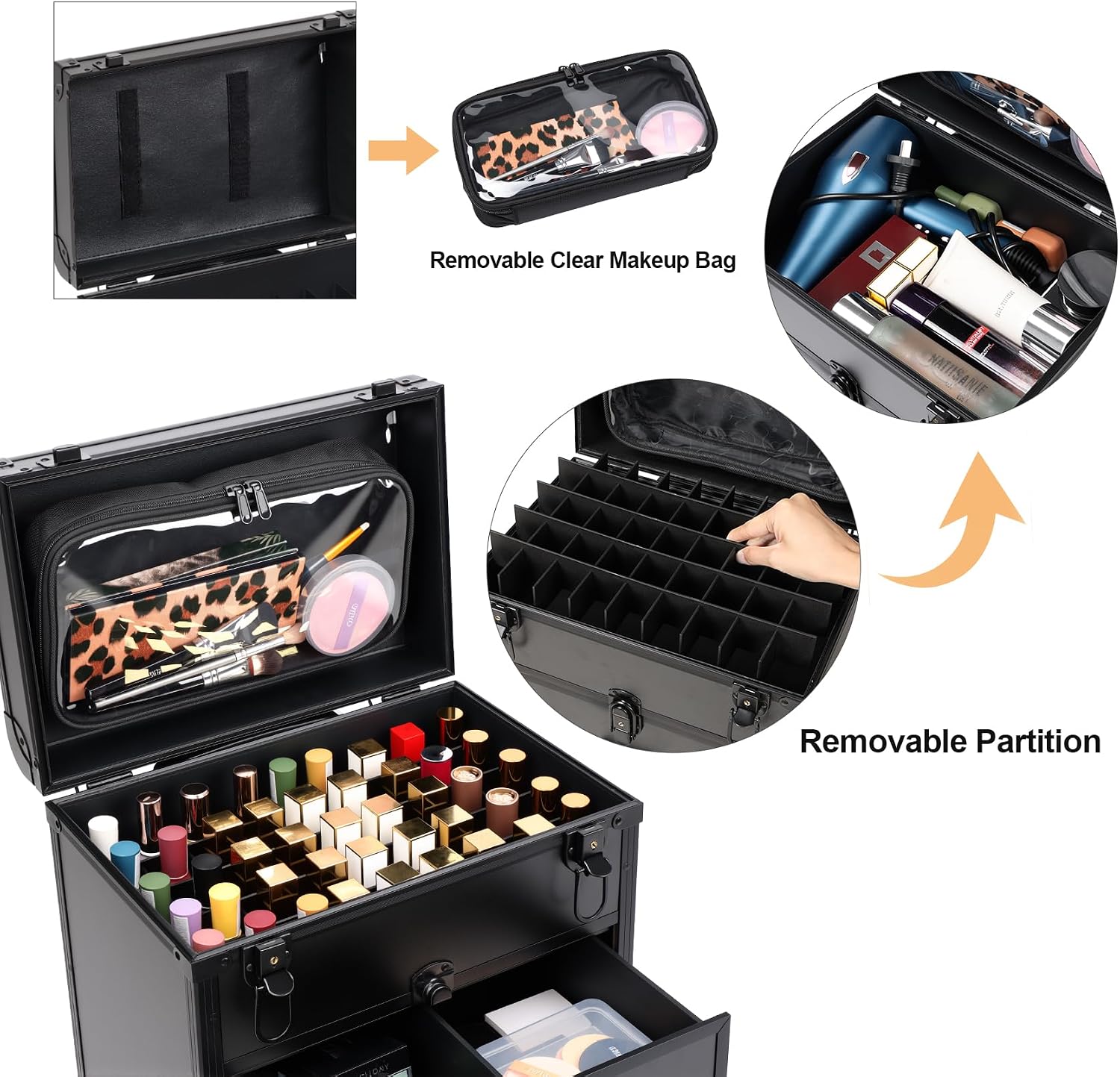 3 in 1 Rolling Makeup Case, Professional Cosmetology Case on Wheels with 2 Drawers, Ideal Gift for Hairstylist, Nail Techs, 3 Tiers Portable Beauty Organizer Case for Travel or Salon Use, Black