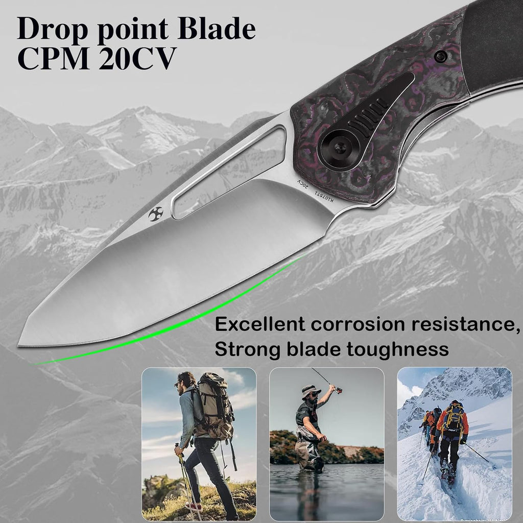 KANSEPT Thoth Camping Pocket Knives for Men 8.05in Folding Knives with 3.43in Satin CPM 20CV Material and Blackwash Titanium Purple Haze Carbon Fiber Handle for Outdoor,Tactical,Survival K1075T1