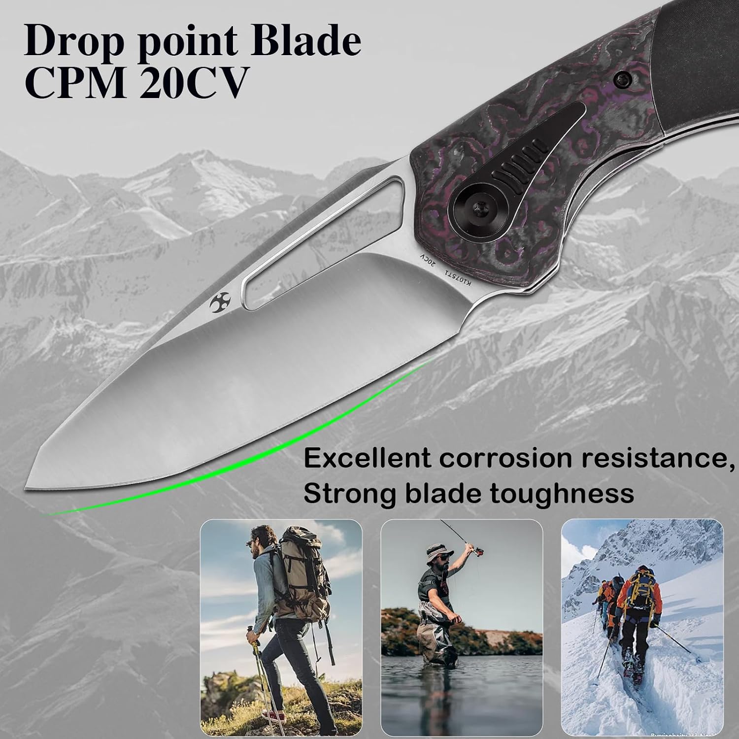 KANSEPT Thoth Camping Pocket Knives for Men 8.05in Folding Knives with 3.43in Satin CPM 20CV Material and Blackwash Titanium Purple Haze Carbon Fiber Handle for Outdoor,Tactical,Survival K1075T1