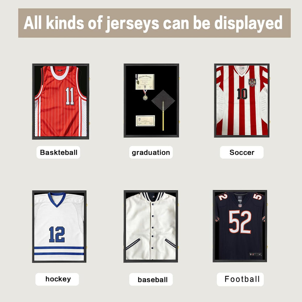 Jersey Frame Display Case 4 Pack for Wall ,Large Lockable T-Shirt Shadow Box with Clear UV Protection Acrylic & Hangers for Football Basketball Baseball Soccer Hockey, Matte Black